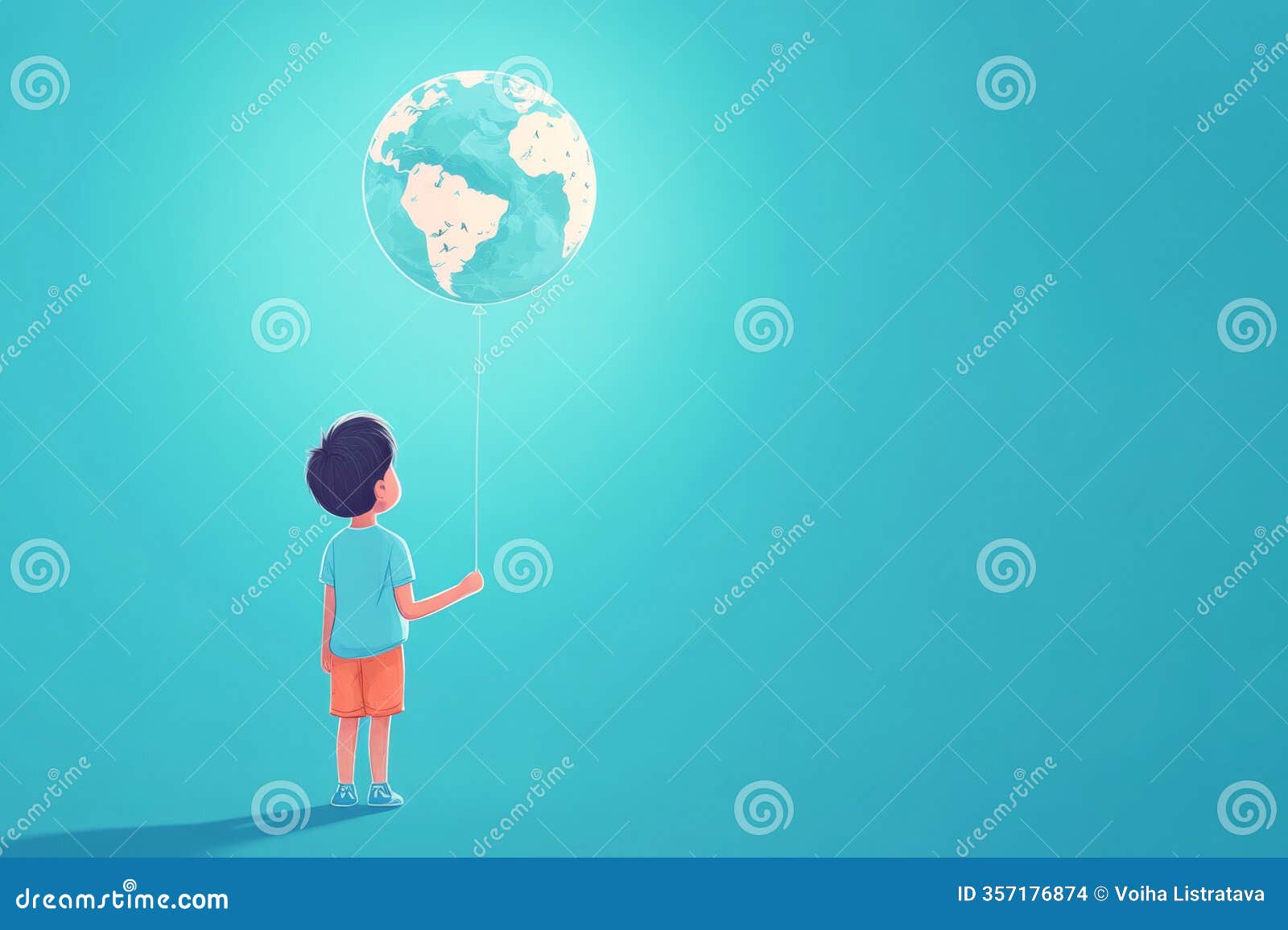 flat 2d  a child stands with his back in the frame and looks to the side a floating round balloon with a pattern like