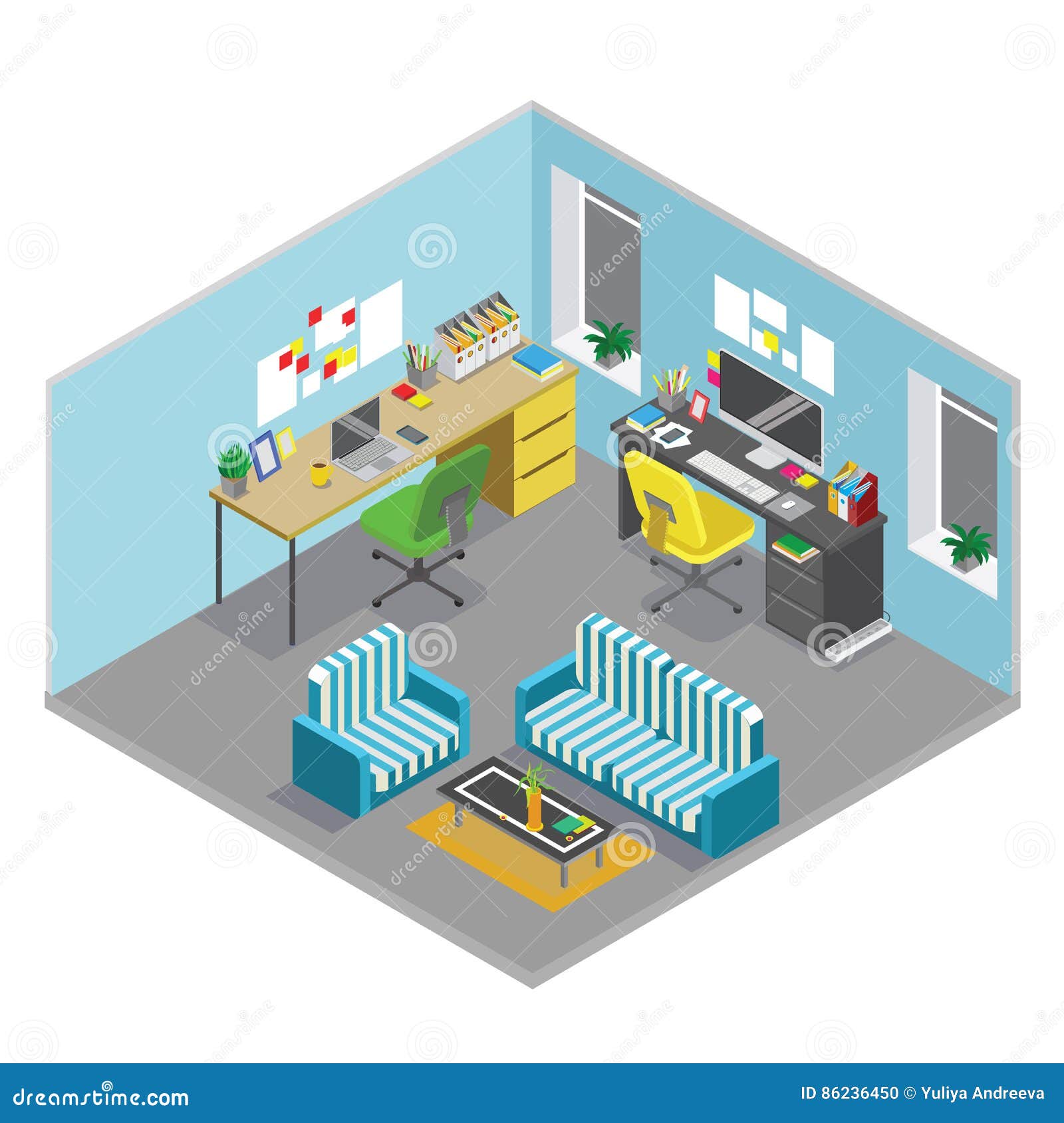 flat 3d isometric abstract office floor interior departments concept .