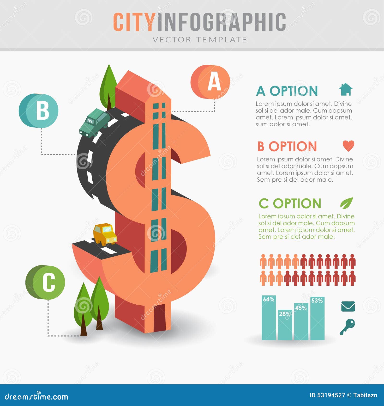 flat 3d isometric city infrastructure infographics, dollar 