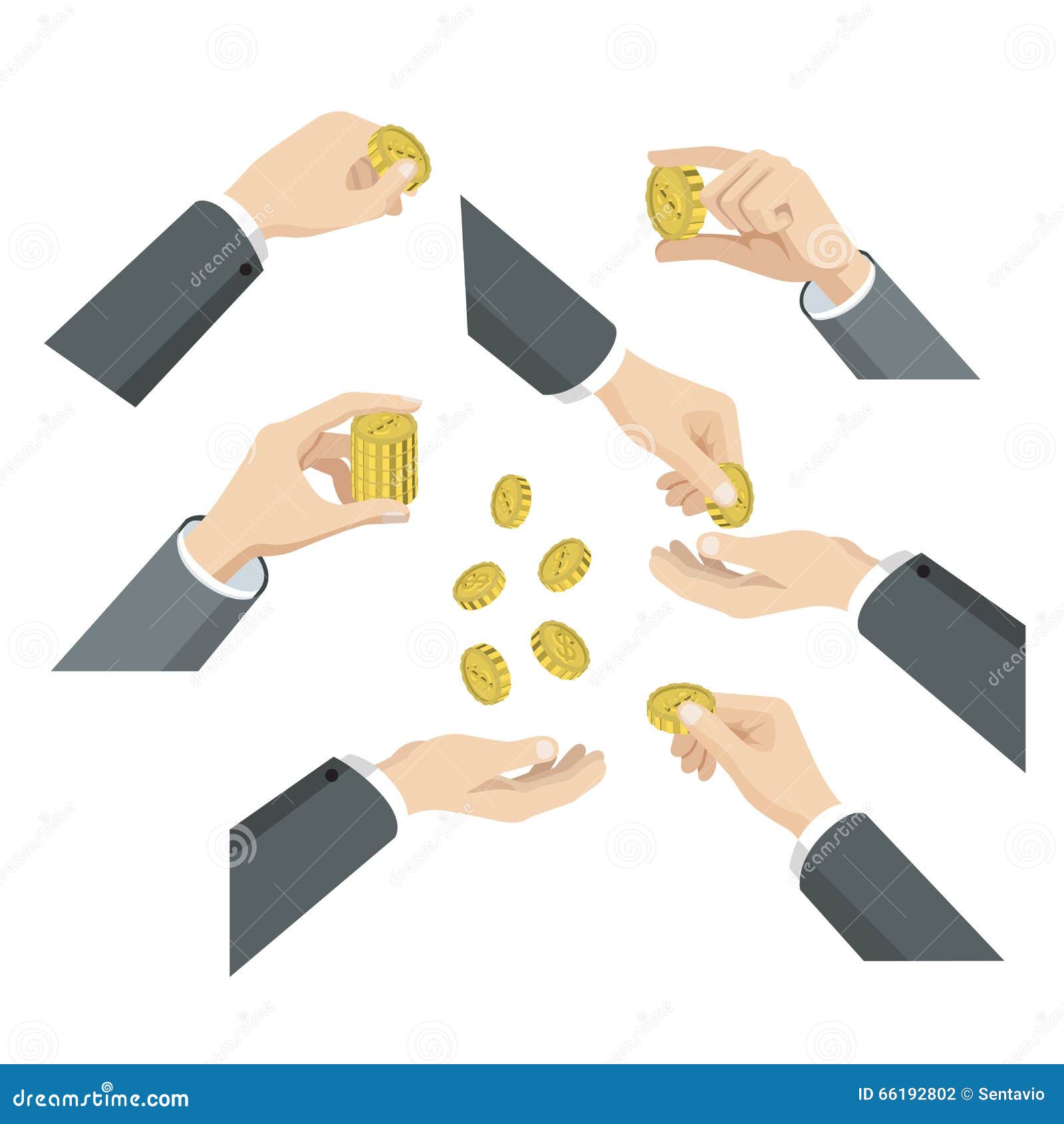 flat 3d isometric hands with coins: give take throw toss put in