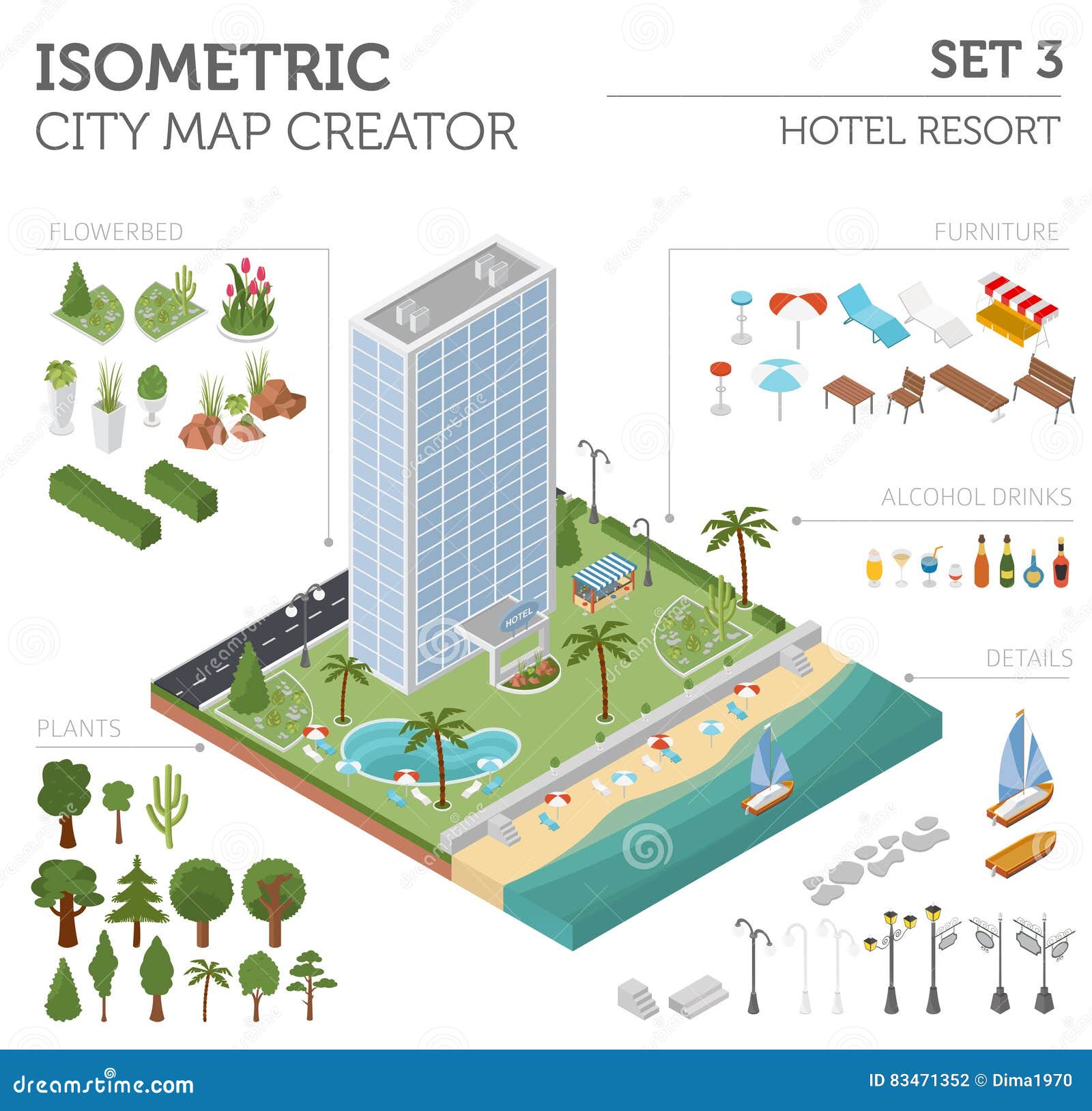 Flat 3d Isometric Resort Hotel And City Map Constructor ...