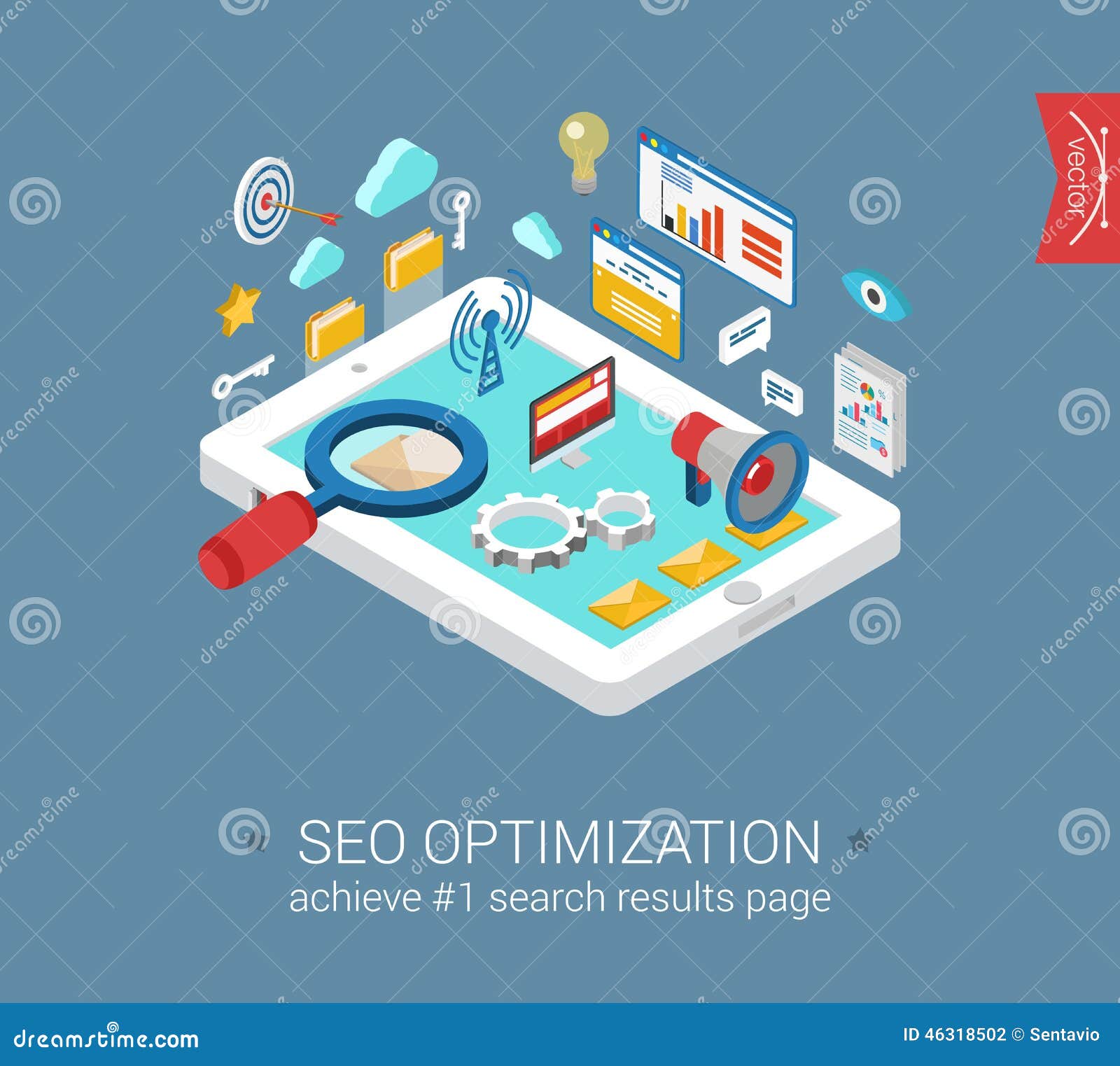 flat 3d isometric seo optimization tablet computer template