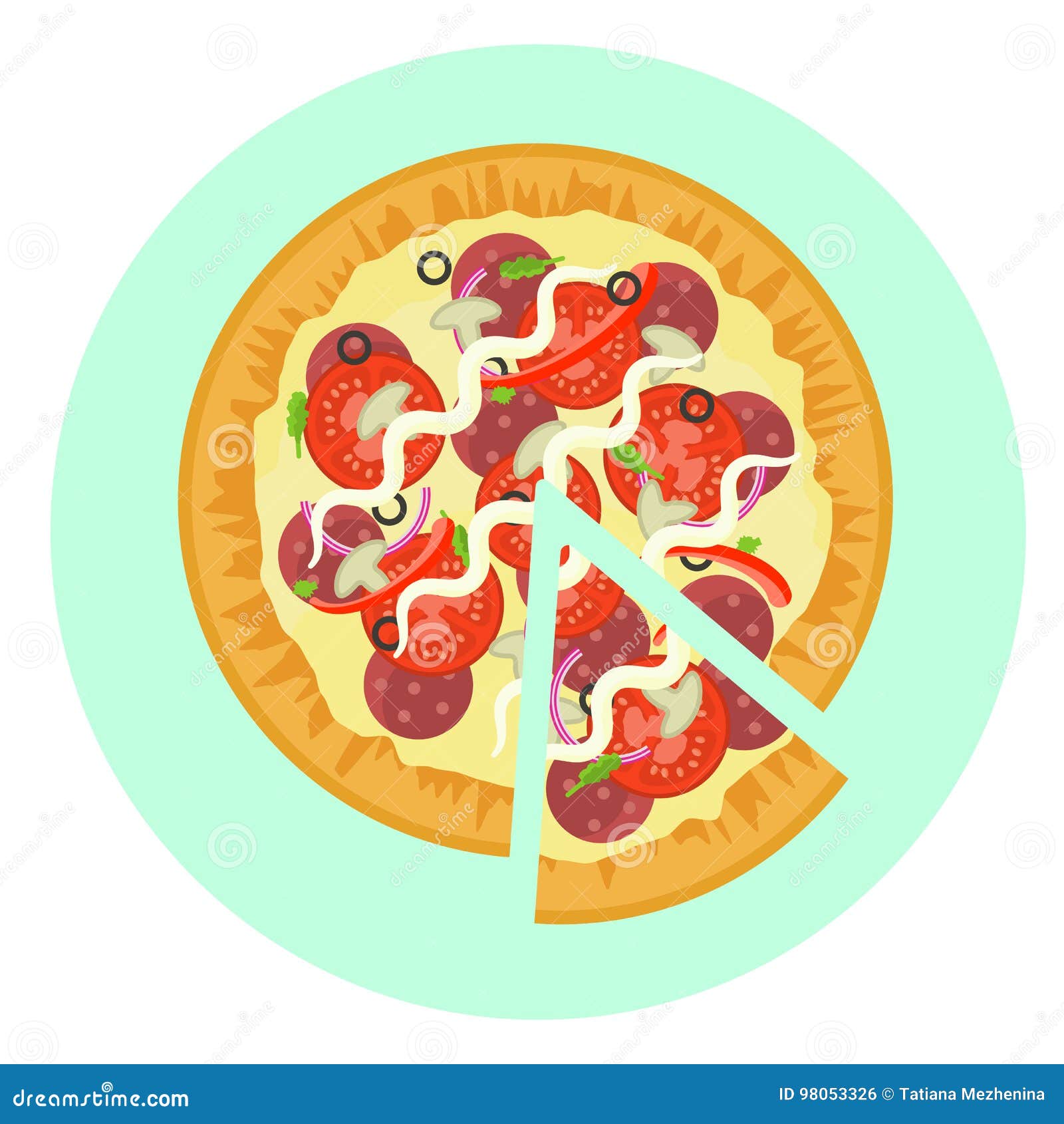 Flat Delicious Colorful Pizza With Salami Mushrooms Tomato Pepper Icon Stock Illustration Illustration Of Delicious Pepper