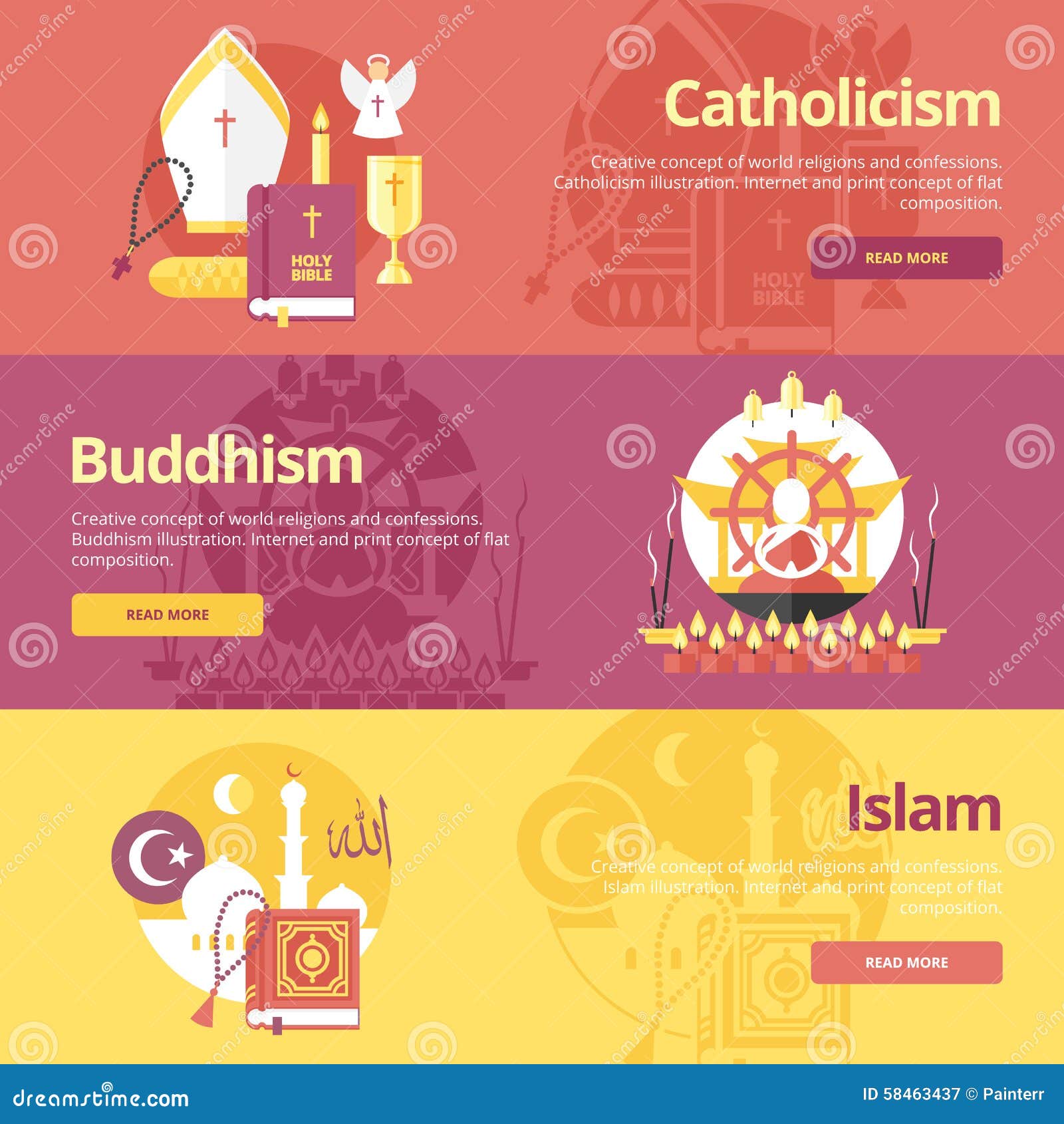 flat  banner  for islam, buddhism, catholicism. religion  for web banners.