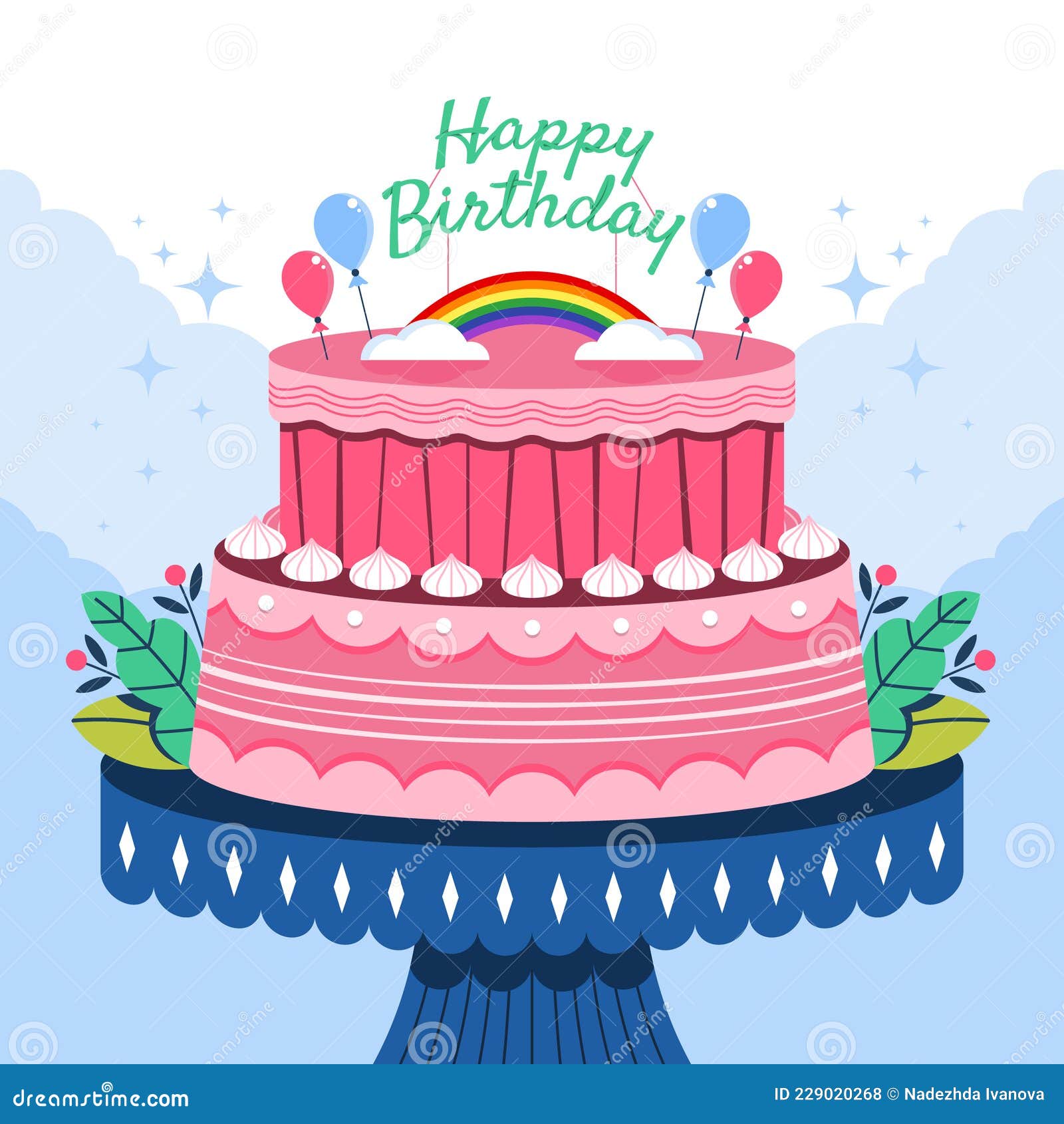 Flat Design Birthday Cake with Topper Vector Illustration. Stock Vector