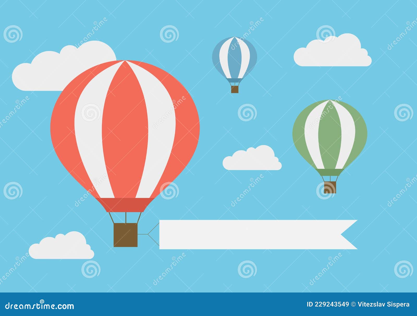 Flat Design Illustration of Flying Hot Air Balloon in the Blue Sky with