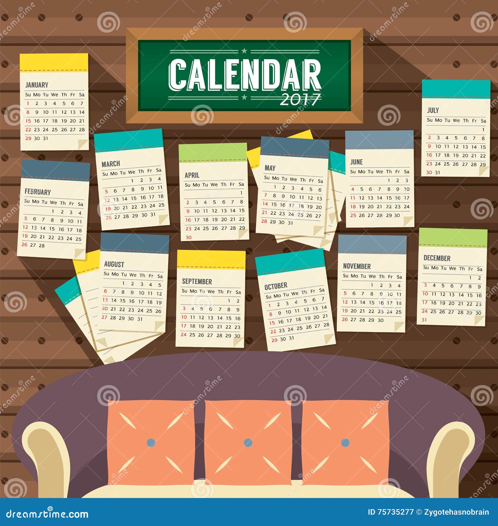 Calendar Flat Illustration : Flat design living room printable calendar starts Calendar Flat Illustration : Flat design living room printable calendar starts