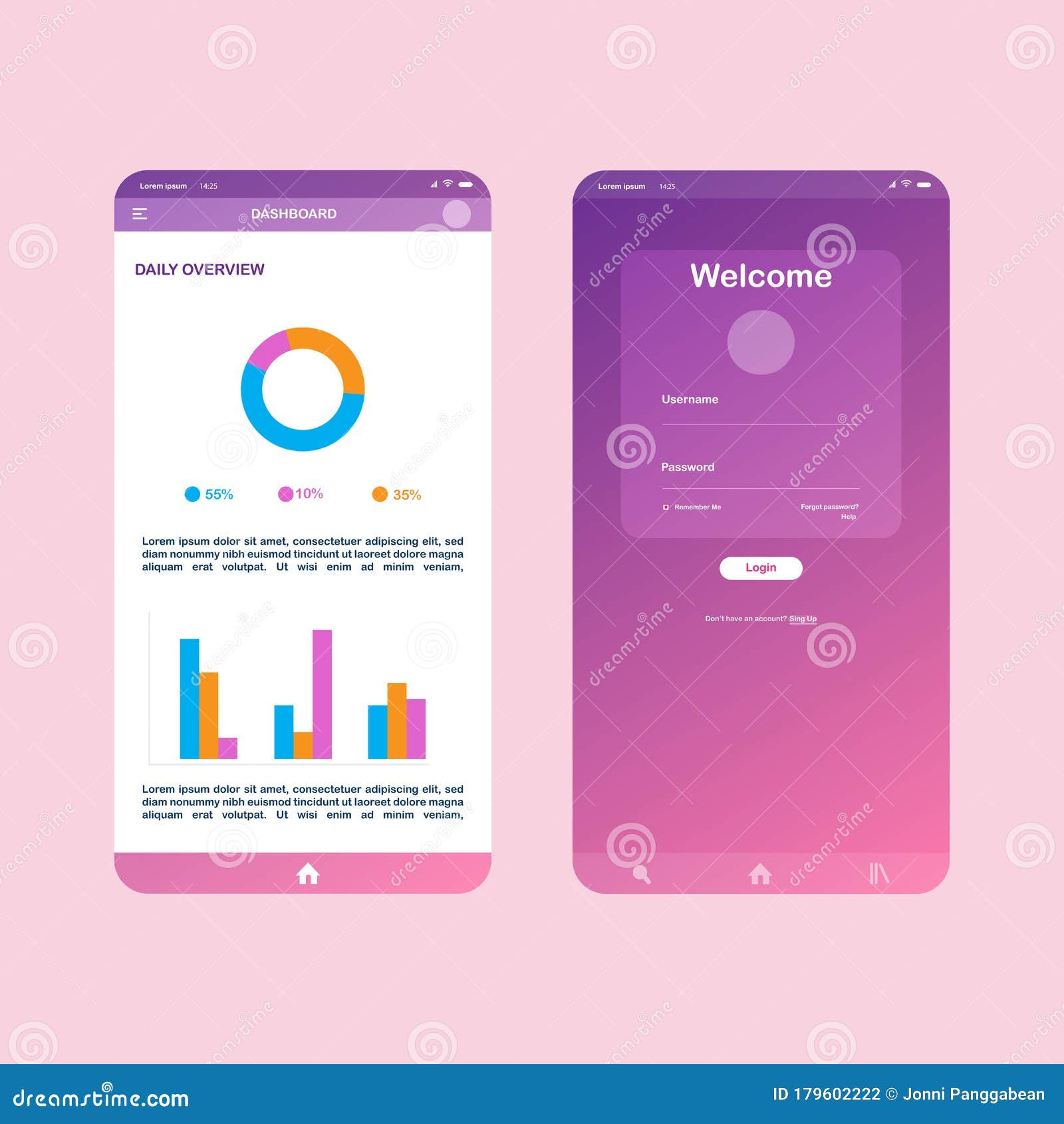 Flat Design Responsive Admin Dashboard Ui Mobile App Ui Mobile Log In And Dashboard App App Flat Design Template For Mobile Apps Stock Vector Illustration Of Data Graphic 179602222