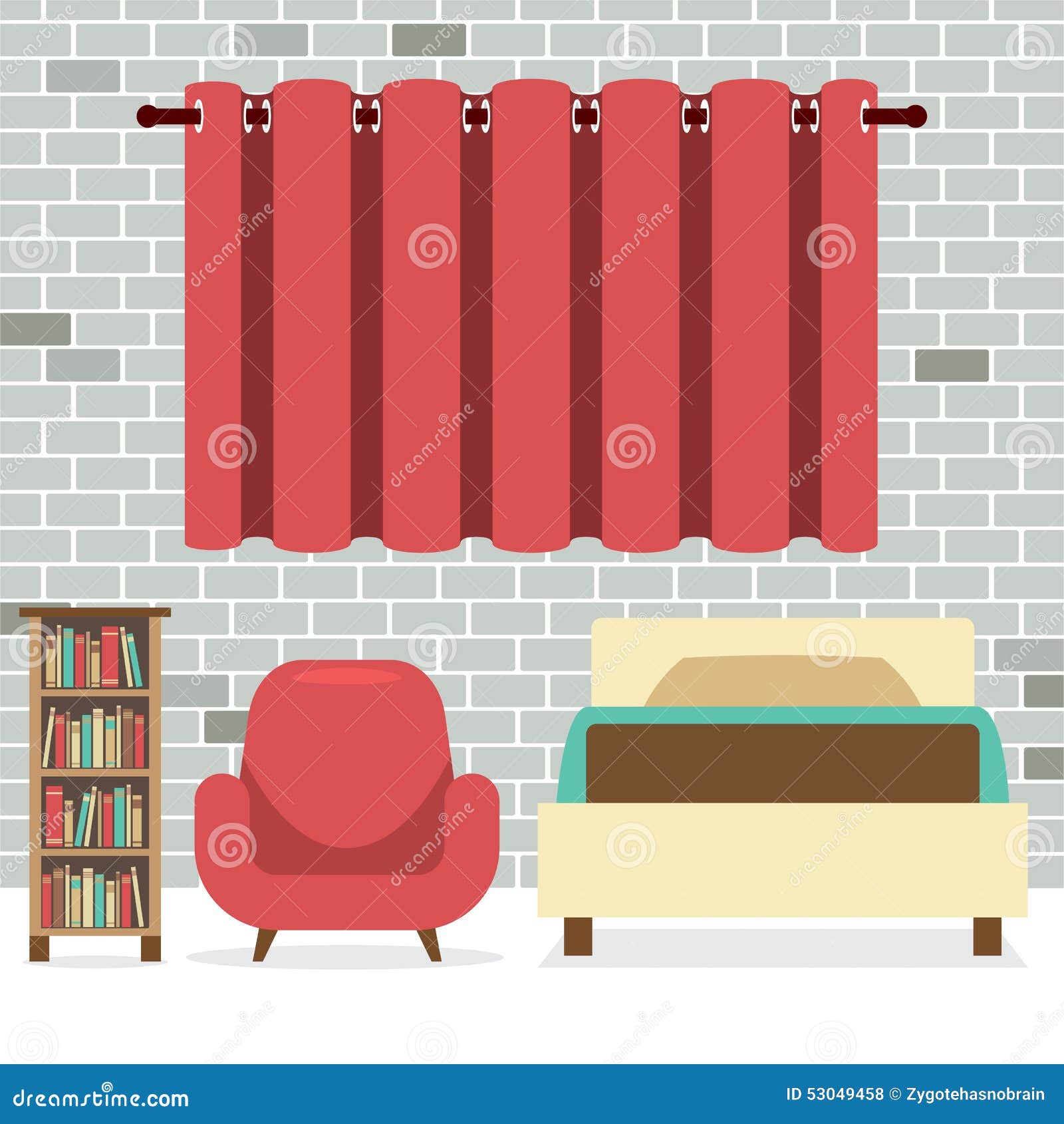 Flat Design Single Bed With Sofa And Bookcase Stock Vector