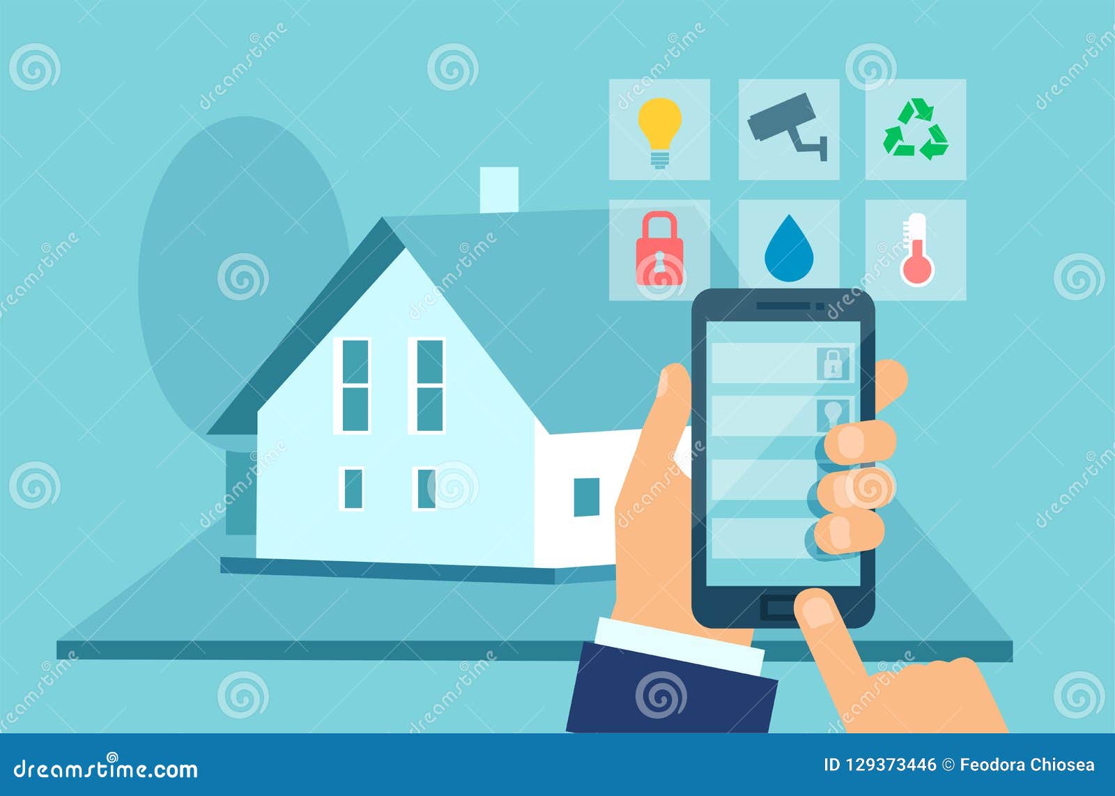 Flat Style Vector Concept Of Smart House Technology System With Centralized Control On Mobile Device Stock Illustration Illustration Of Home Electricity