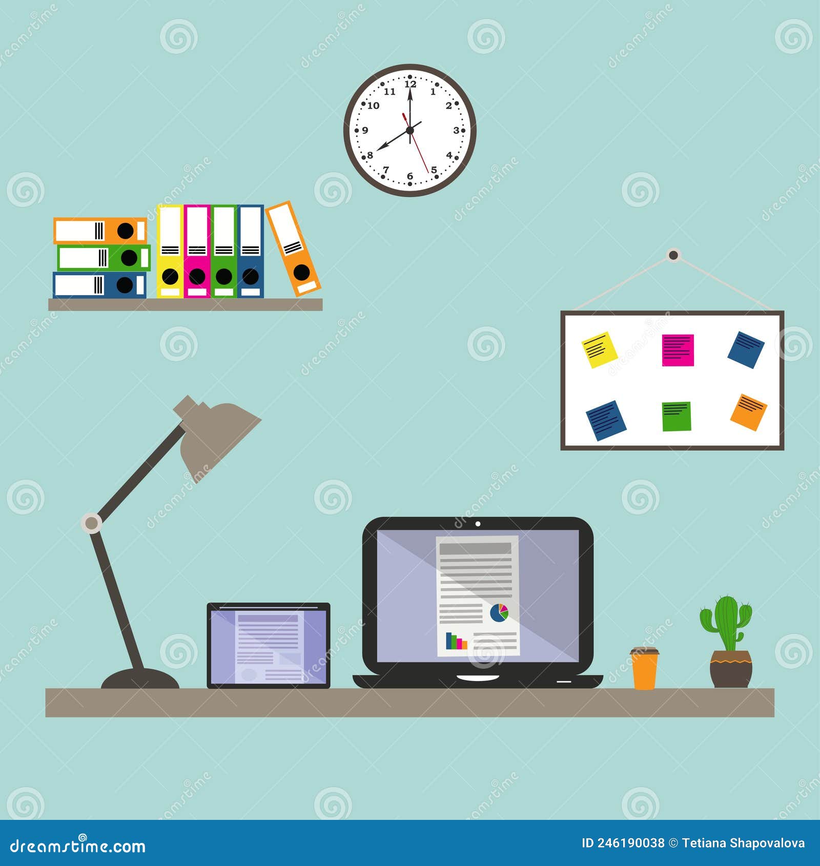 flat   of workplace modern desk with laptop.office work space with table, laptop use for web,picture,clock