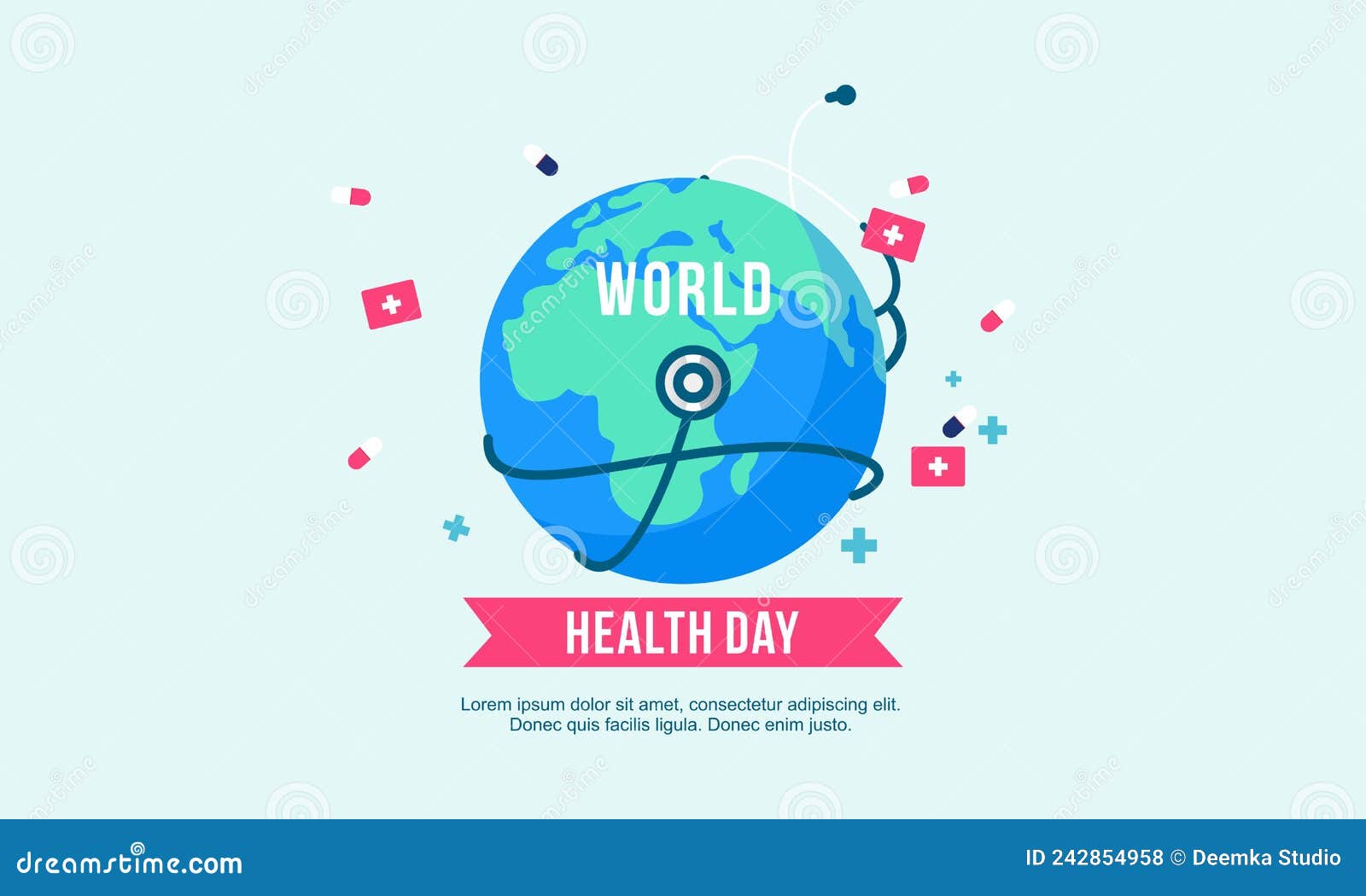 flat  world health day with stetoscop, love, globe 