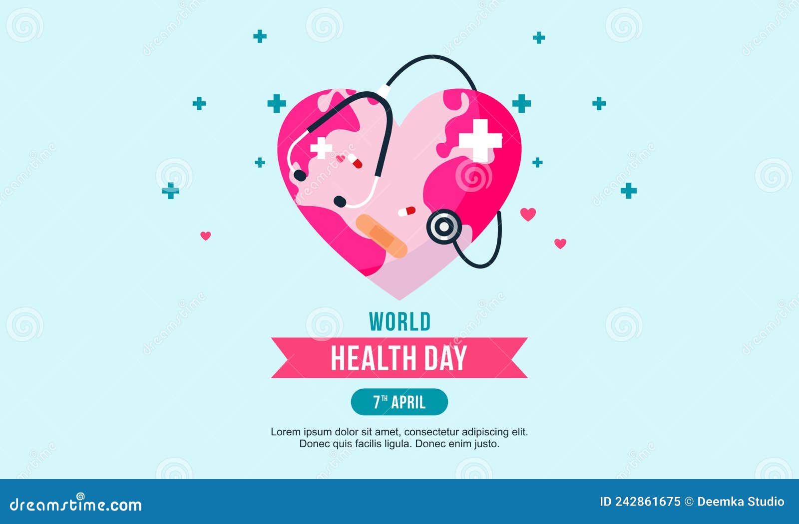 flat  world health day with stetoscop, love, globe 