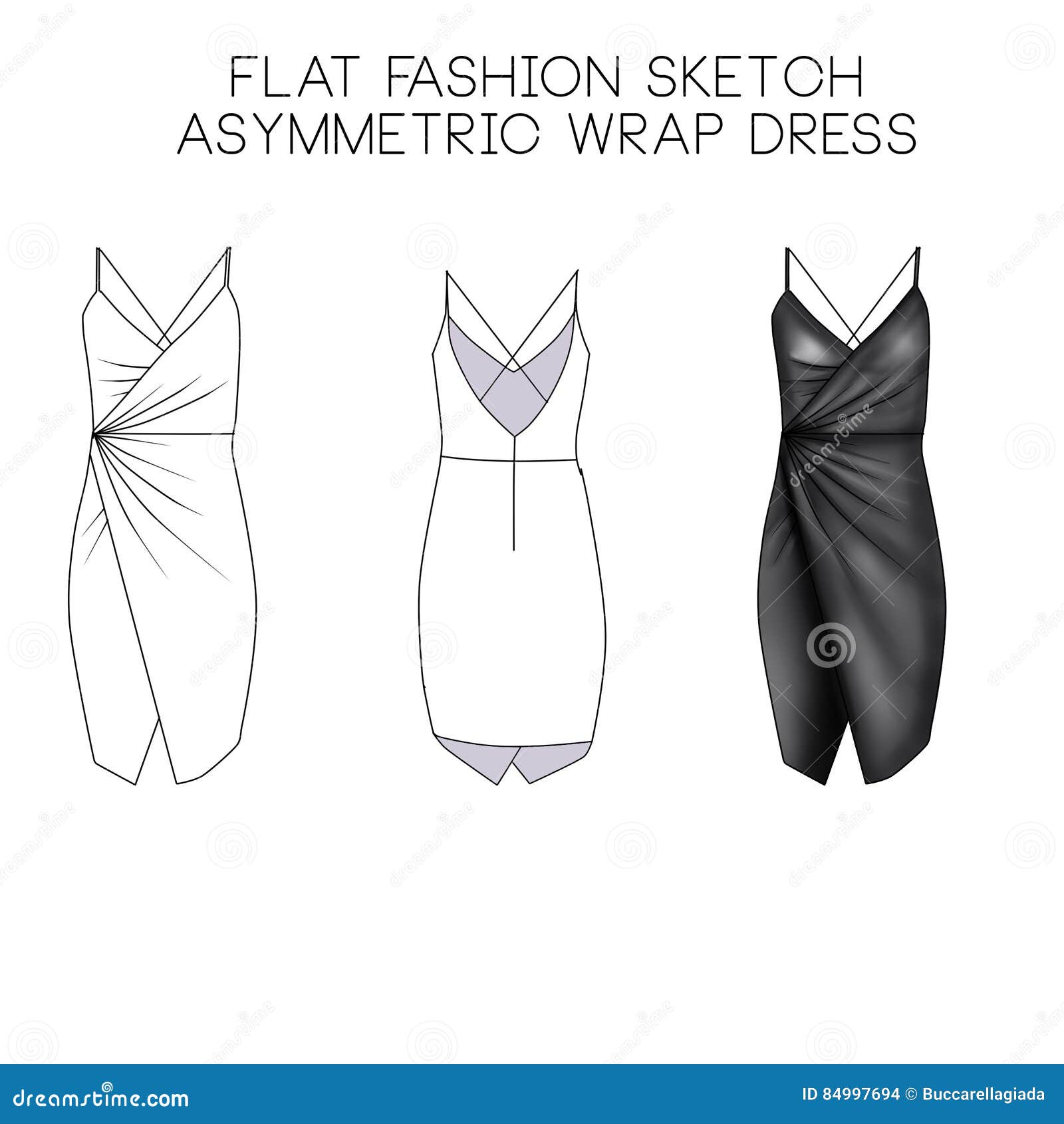flat fashion technical sketch - asymmetric wrap dress