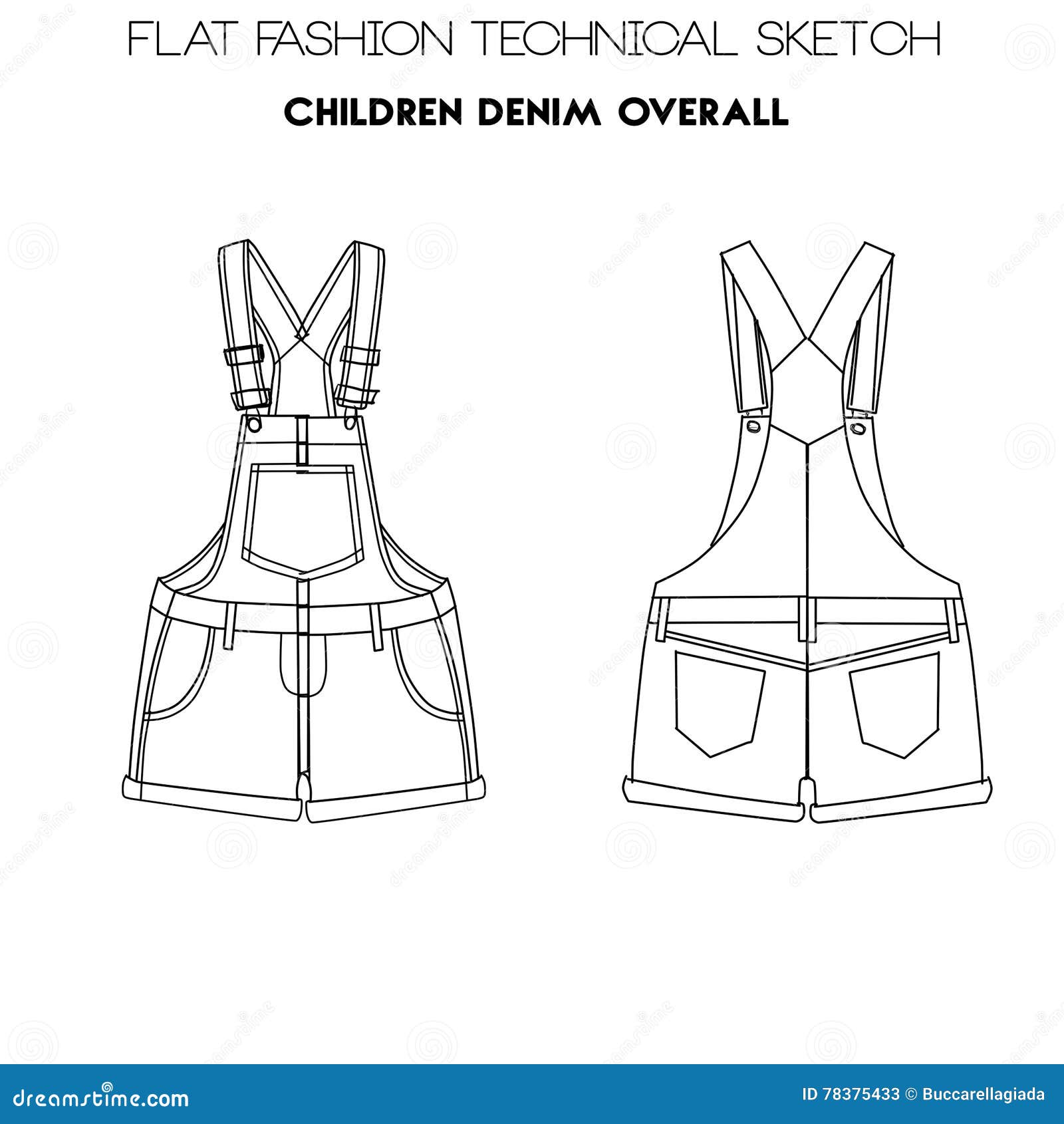 Flat Fashion Technical Sketch - Children Overall Stock Illustration