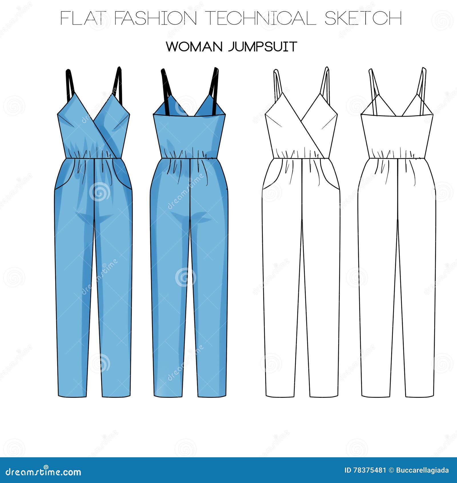 Flat Fashion Technical Sketch - Woman Jumpsuit Stock Image ...