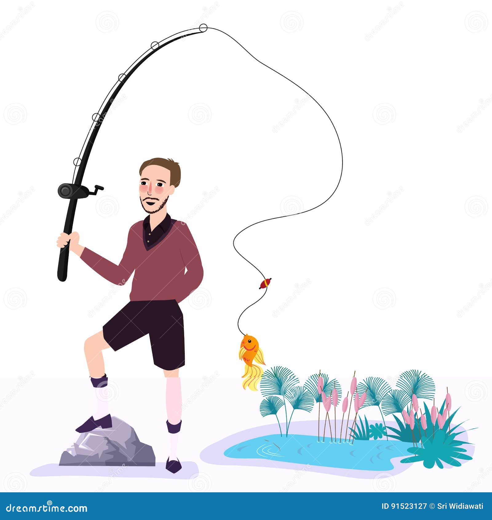Flat Fisherman with Fish Holding Fishing Rod Vector Illustration ...