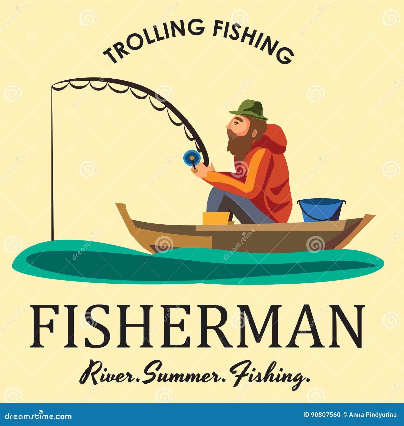 Flat Fisherman Hat Sits on Boat with Trolling Fishing Rod in Hand and  Catches Bucket, Fishman Crocheted Spin into the Stock Vector - Illustration  of cartoon, fisher: 90807560