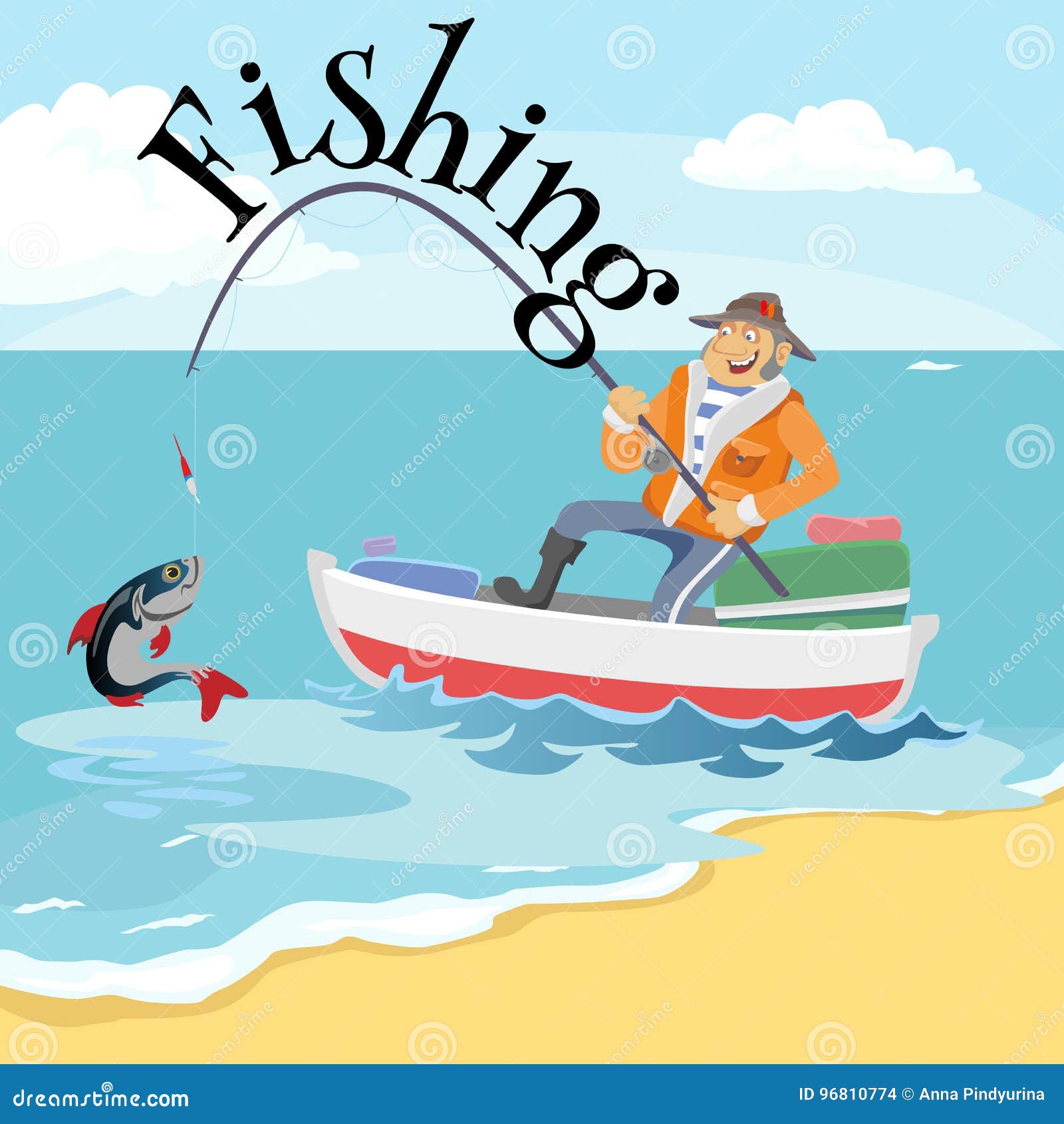 Flat Fisherman Hat Sits on Boat with Trolling Fishing Rod in Hand and  Catches Bucket, Fishman Crocheted Spin into the Stock Vector - Illustration  of background, activity: 96810774