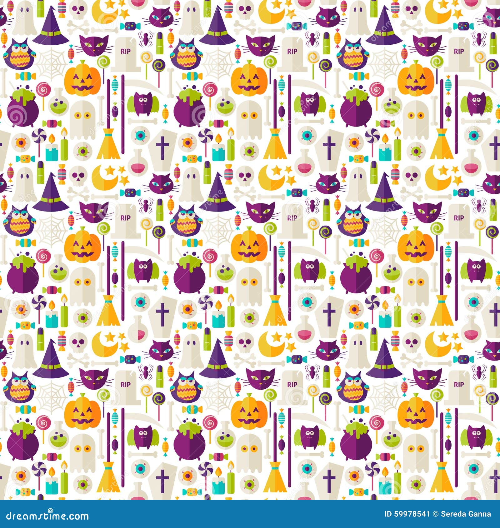 Flat Halloween Trick or Treat Objects Seamless Pattern Stock Vector ...