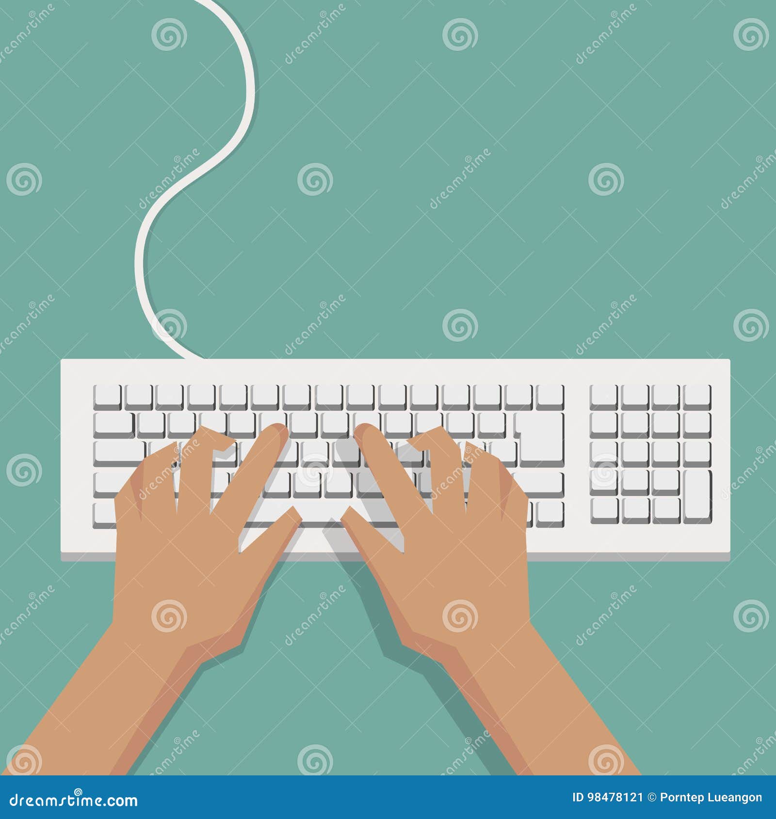 flat hands typing on white keyboard with cable