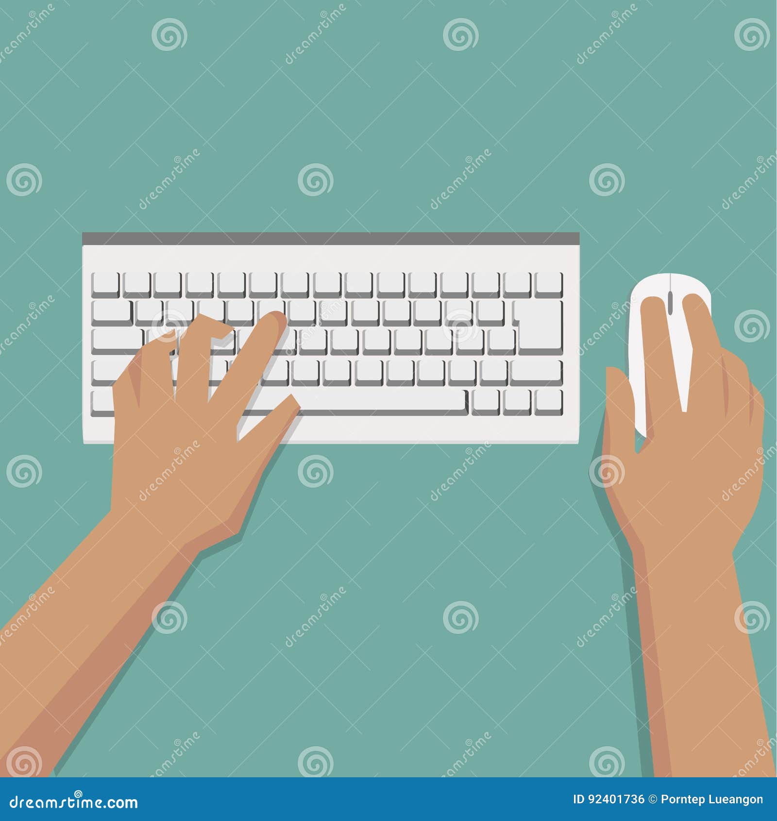 flat hands typing on white keyboard with mouse