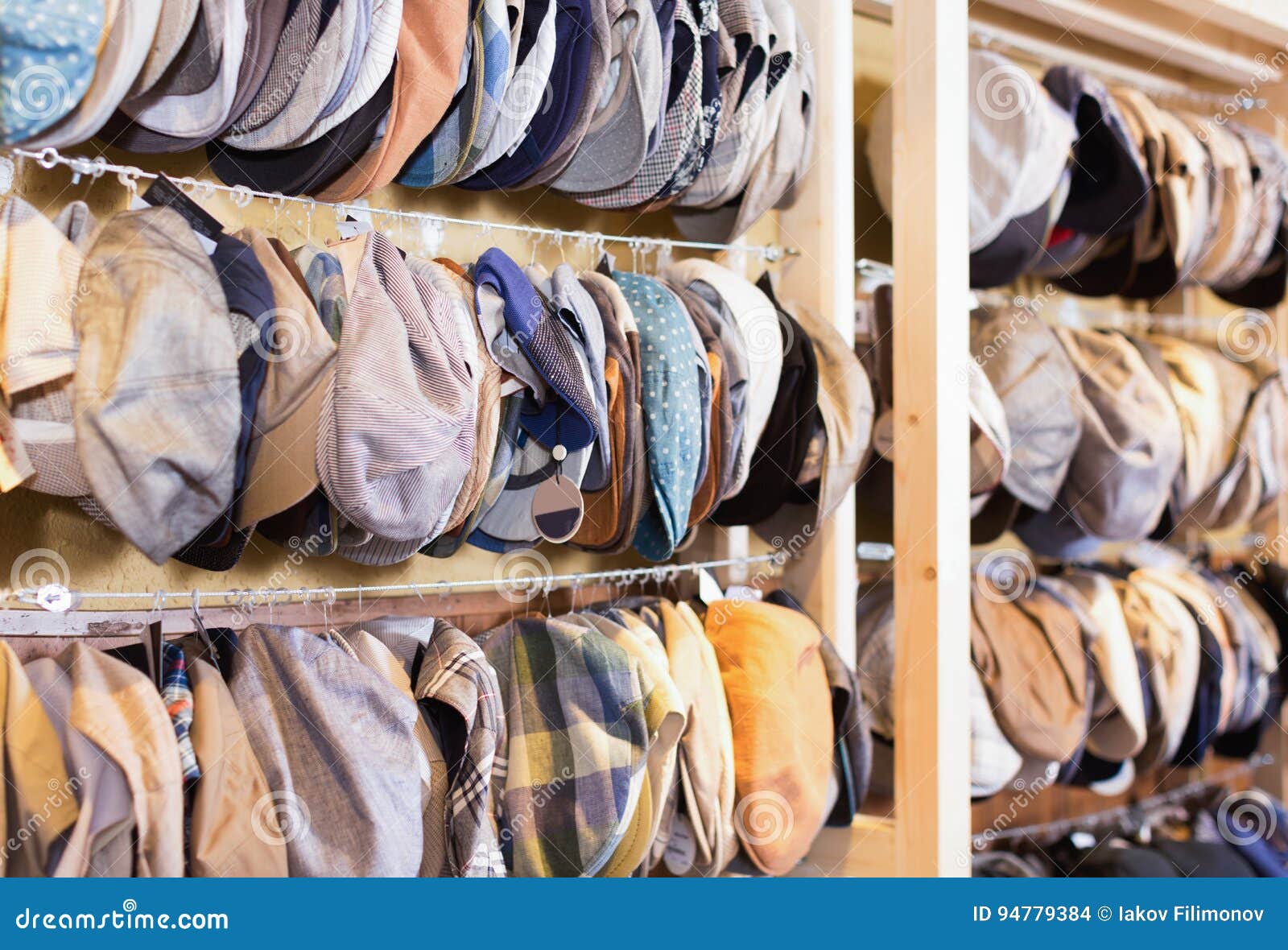 Flat Hats Hanging on the Wall in the Shopping Mall Stock Photo Image of objects, fedora 94779384