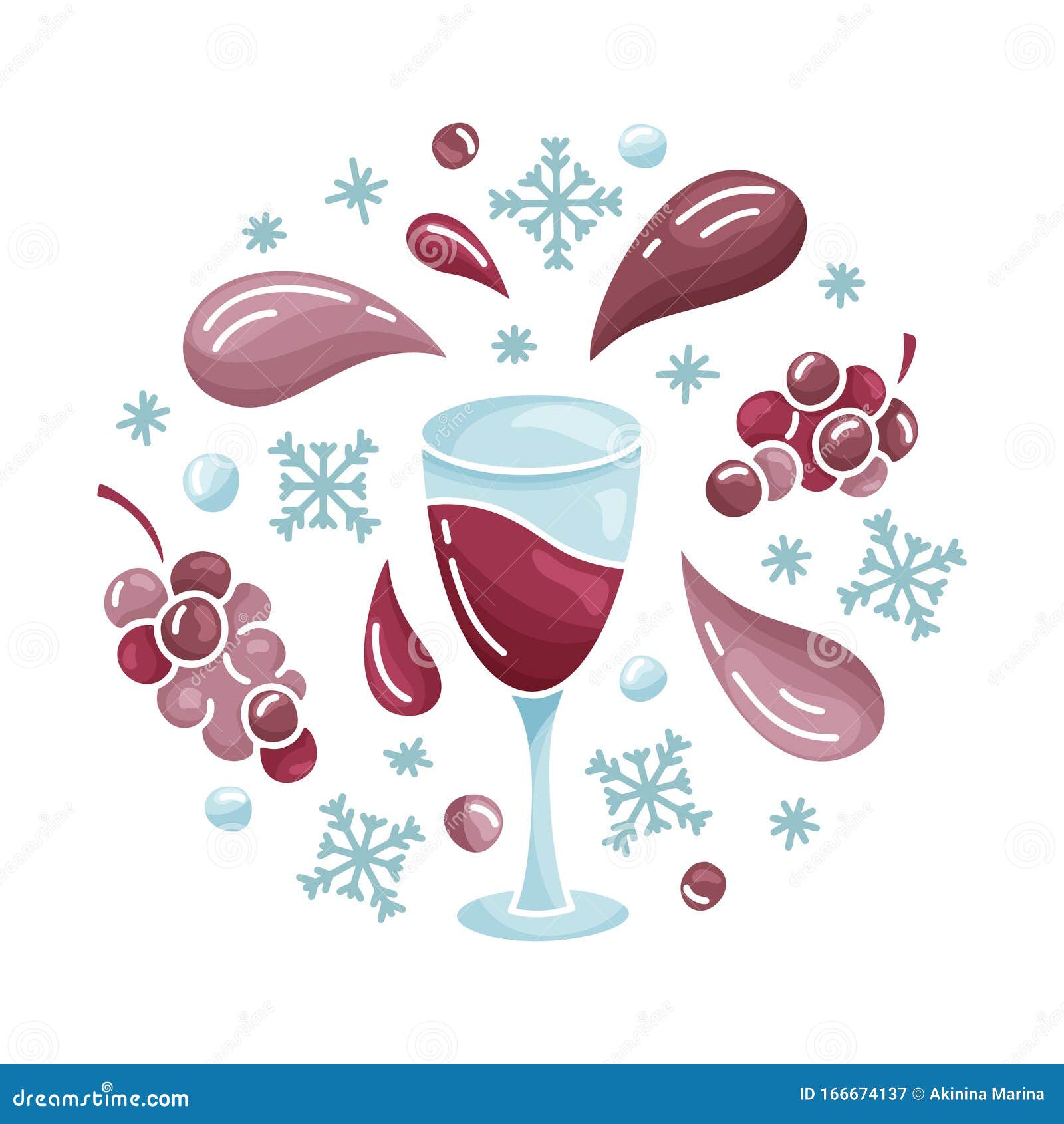 flat icewine round poster. cutout glass with grapes, drops and snowflakes. hand drawn  drink concept. color  of