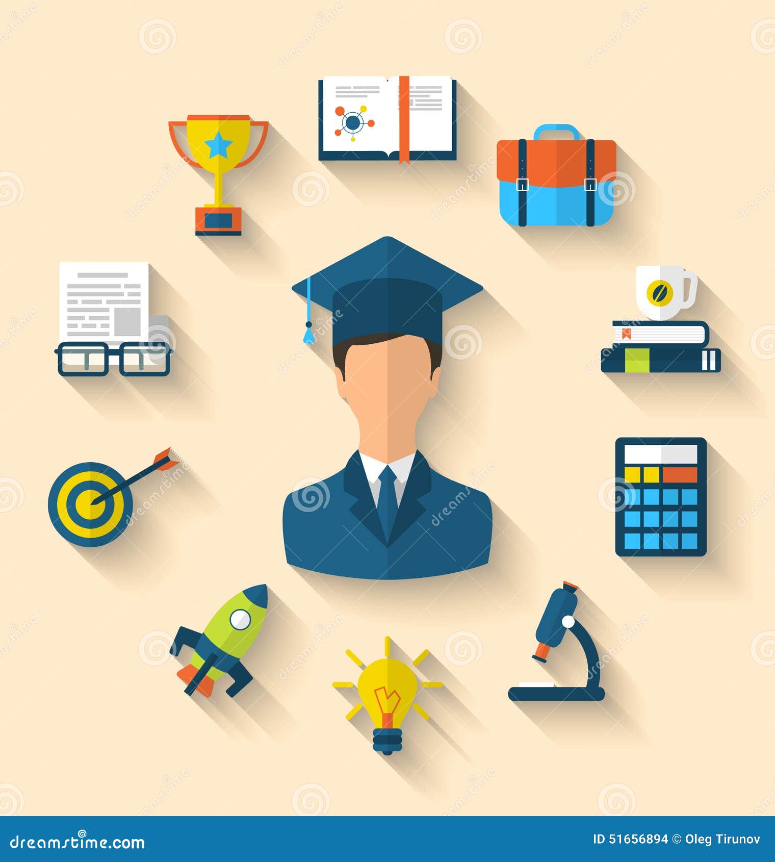flat icons of magister and objects for high school and college