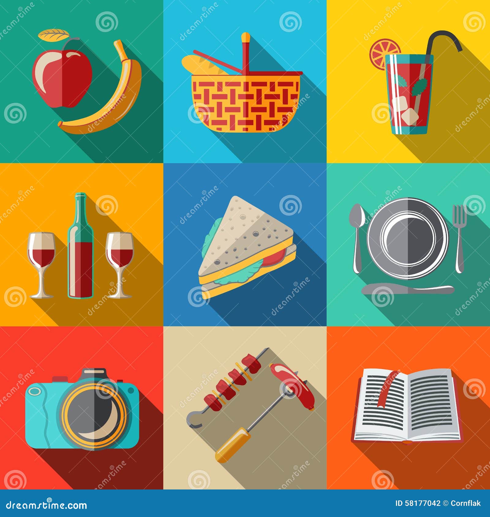 flat icons set, picnic - basket, plate, spoon