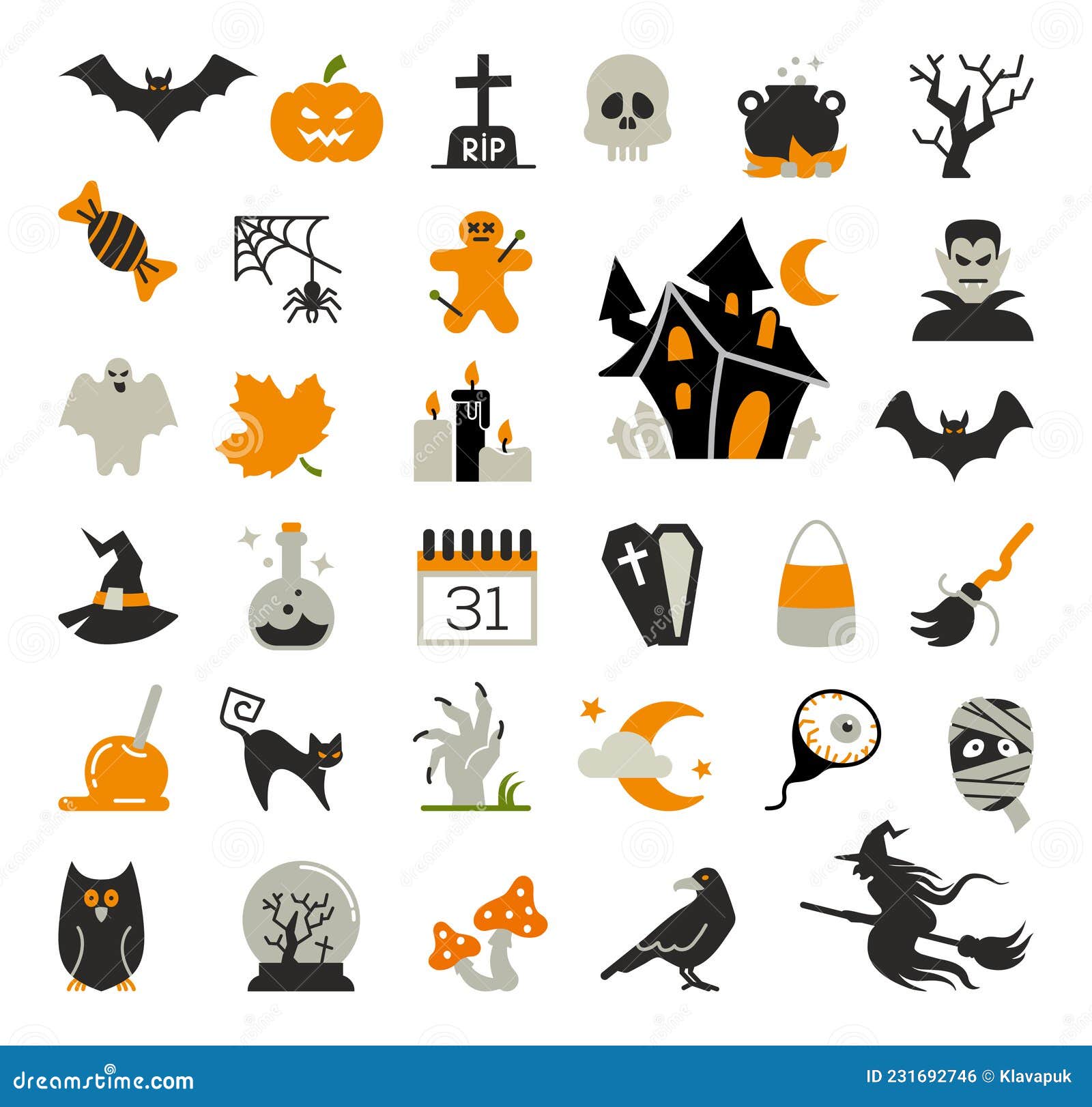 Flat Icons with Traditional Halloween Symbols. Vector Icons Stock