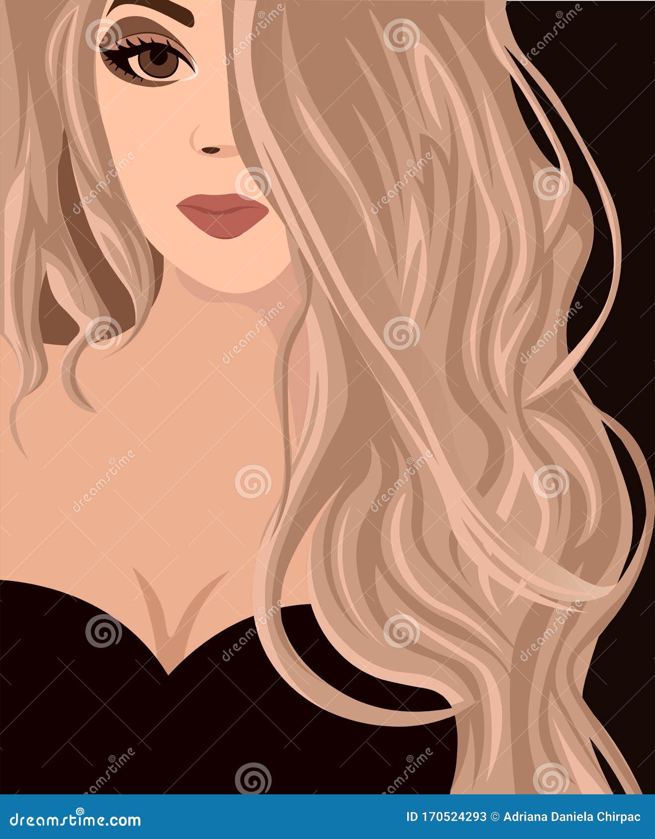 Flat Illustration of a Caucasian Woman with Blonde Curly Hair. Beautiful  Girl with Big Almond Eyes Stock Vector - Illustration of eyeliner, eyebrow:  170524293