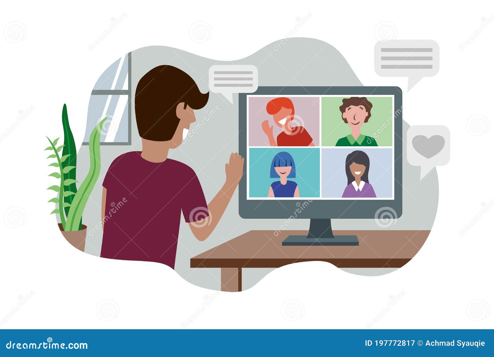 Flat Illustration of Conference Call or Meeting from Home Stock Vector
