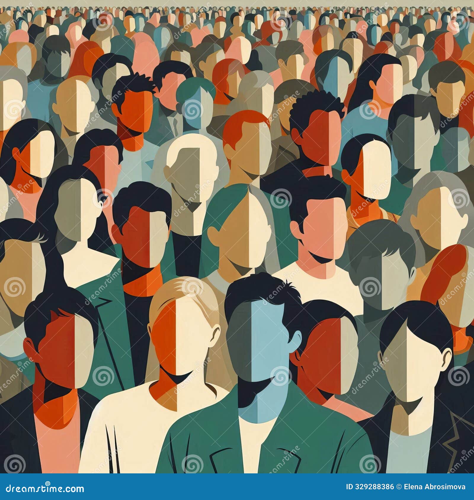 flat  of a crowd with stylized features, indistinct faces, partially obscured faces, two redacted with solid