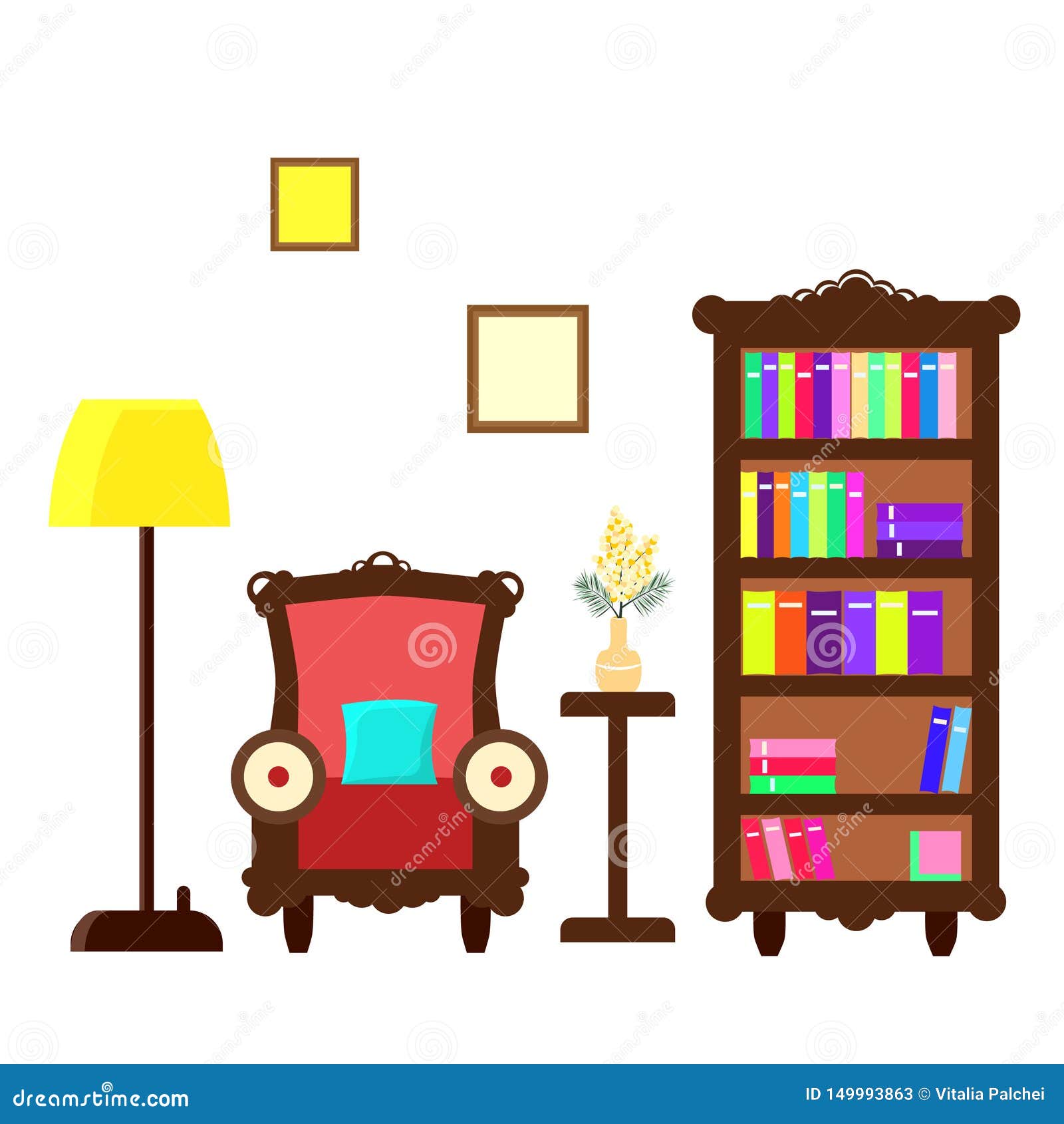 Flat Illustration Of Reading Room With Armchair Bookcase And