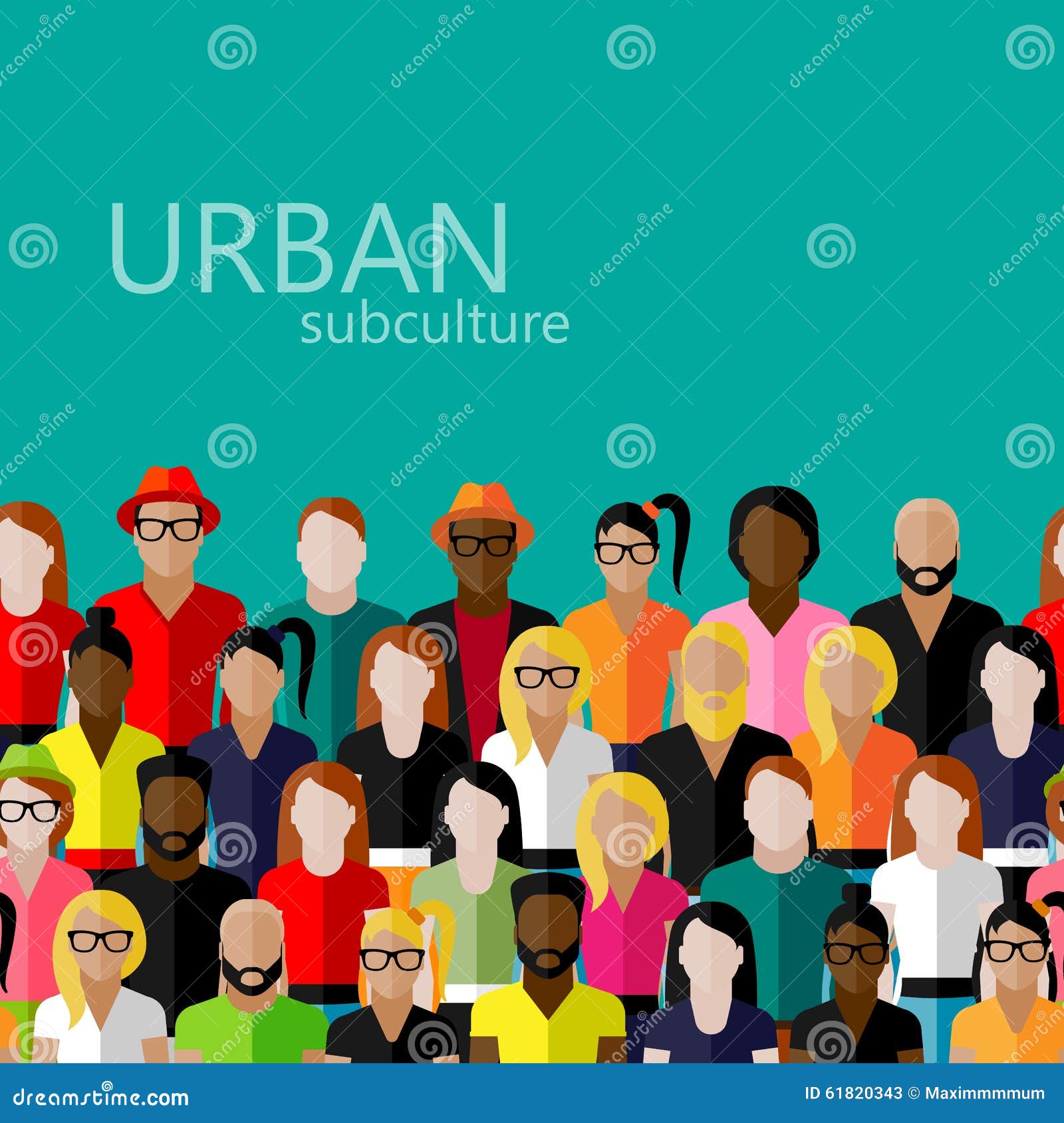 flat  of society members with a large group of men and women. population. urban subculture concept