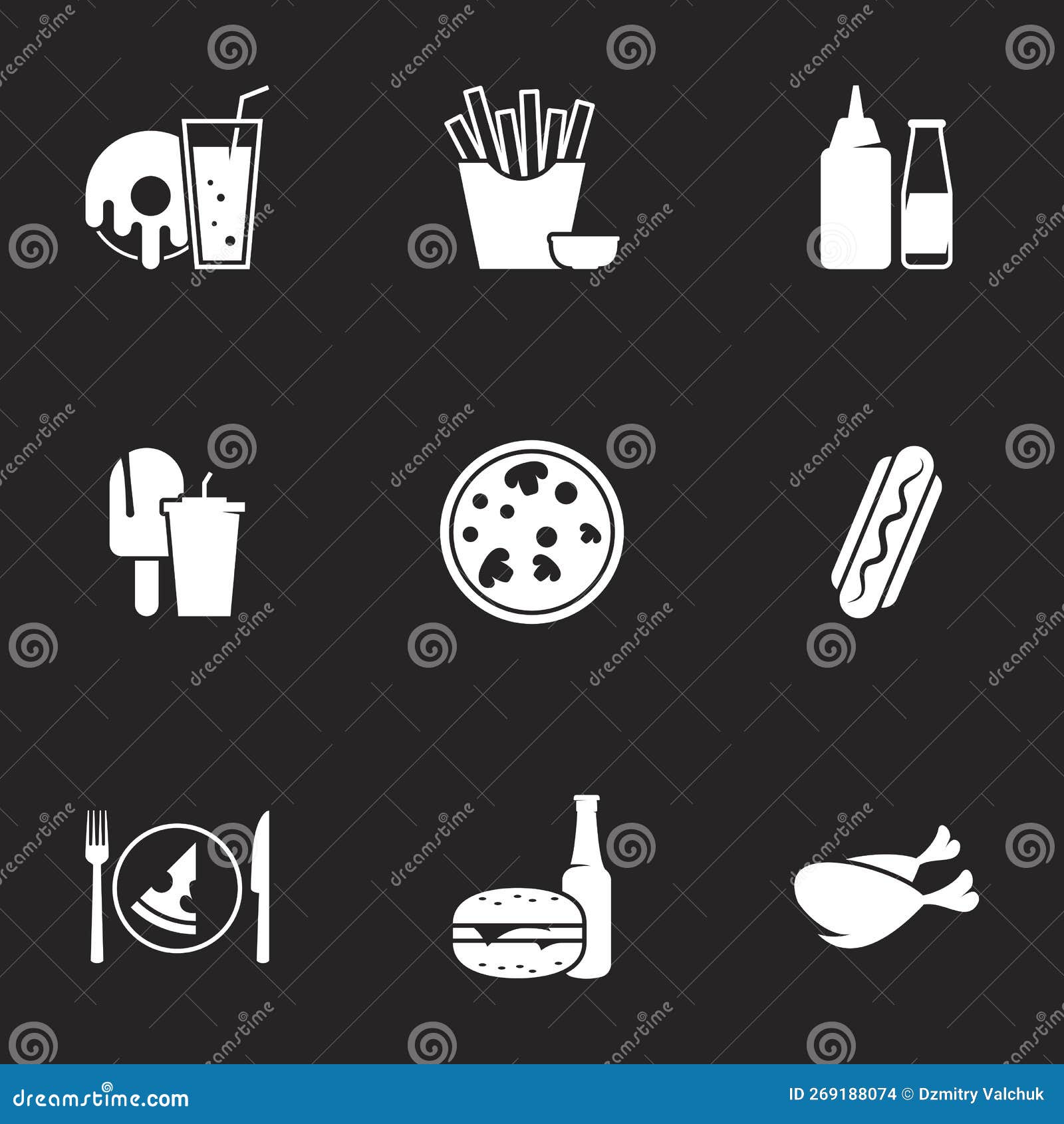 Icons for Theme Fast Food. Black Background Stock Vector - Illustration