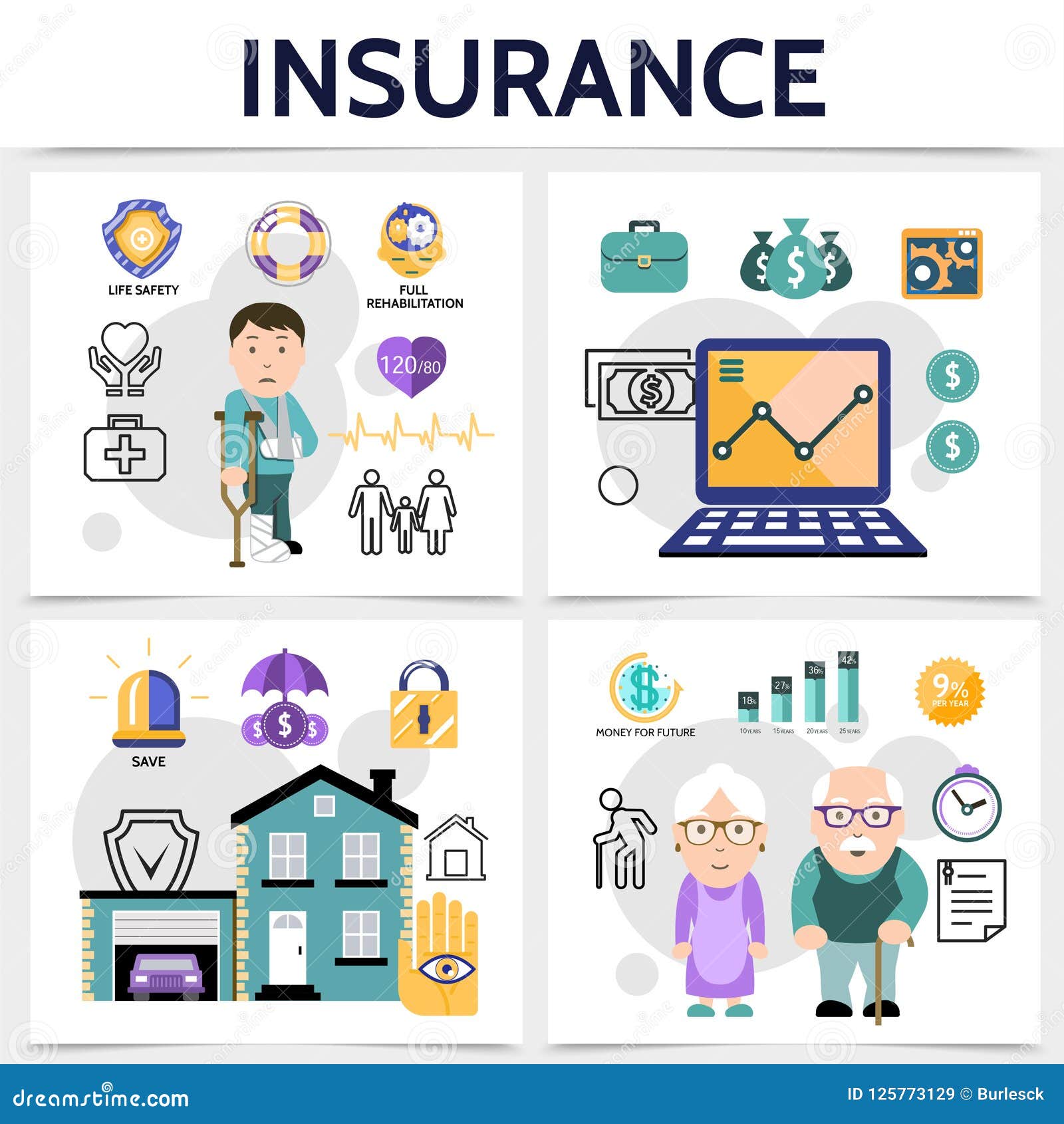 Flat Insurance Square Colorful Concept Stock Vector