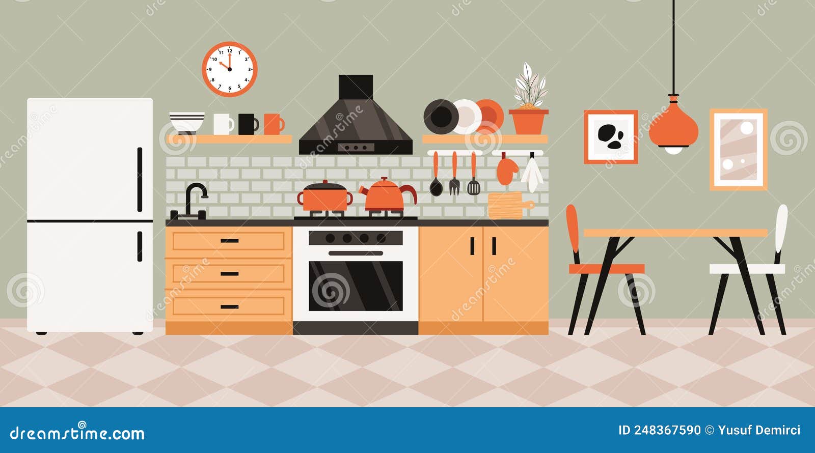 Flat Interior Design of a Kitchen Stock Illustration - Illustration of