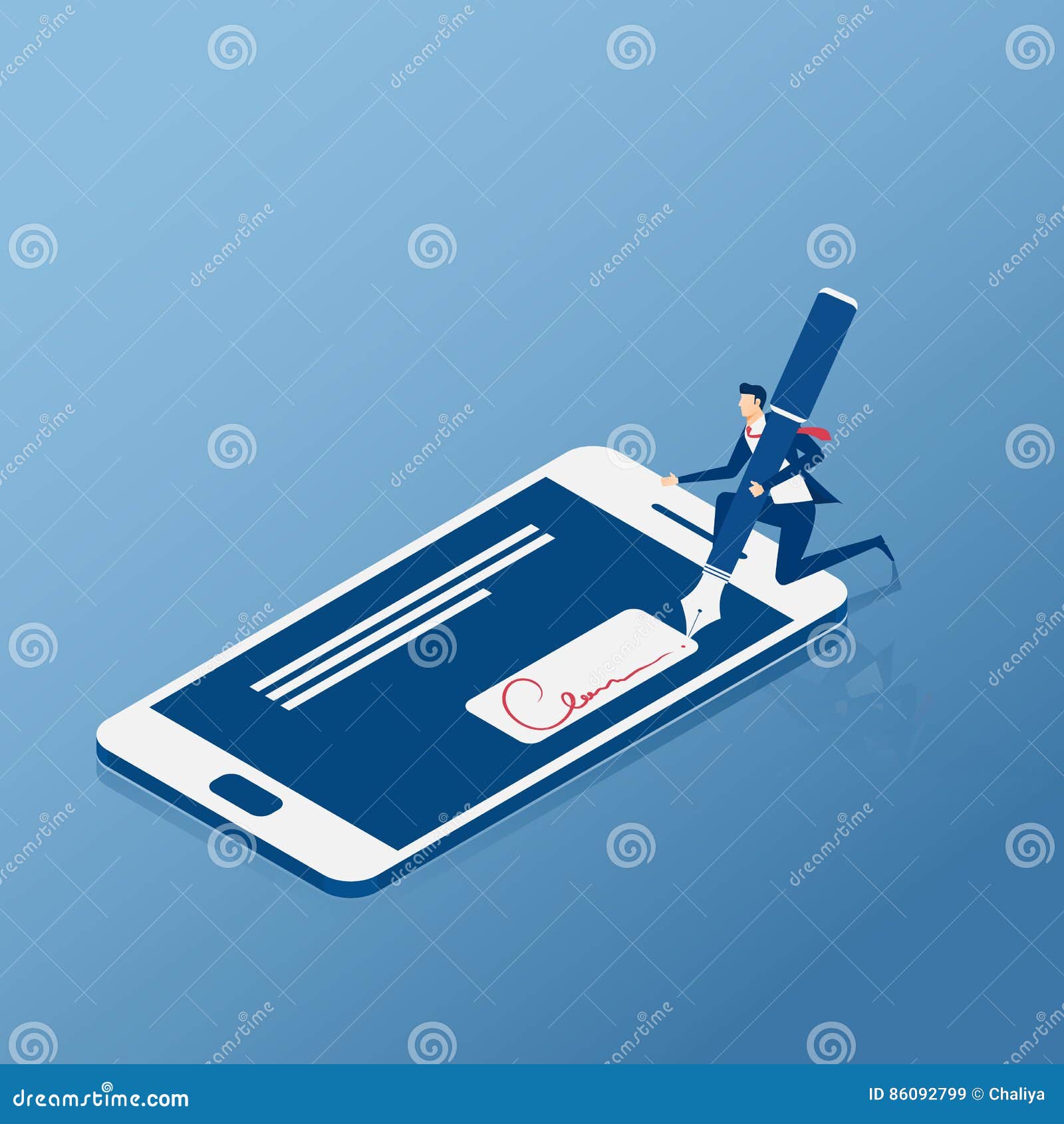 flat isometric. digital signature. businessman sign on smartphone.