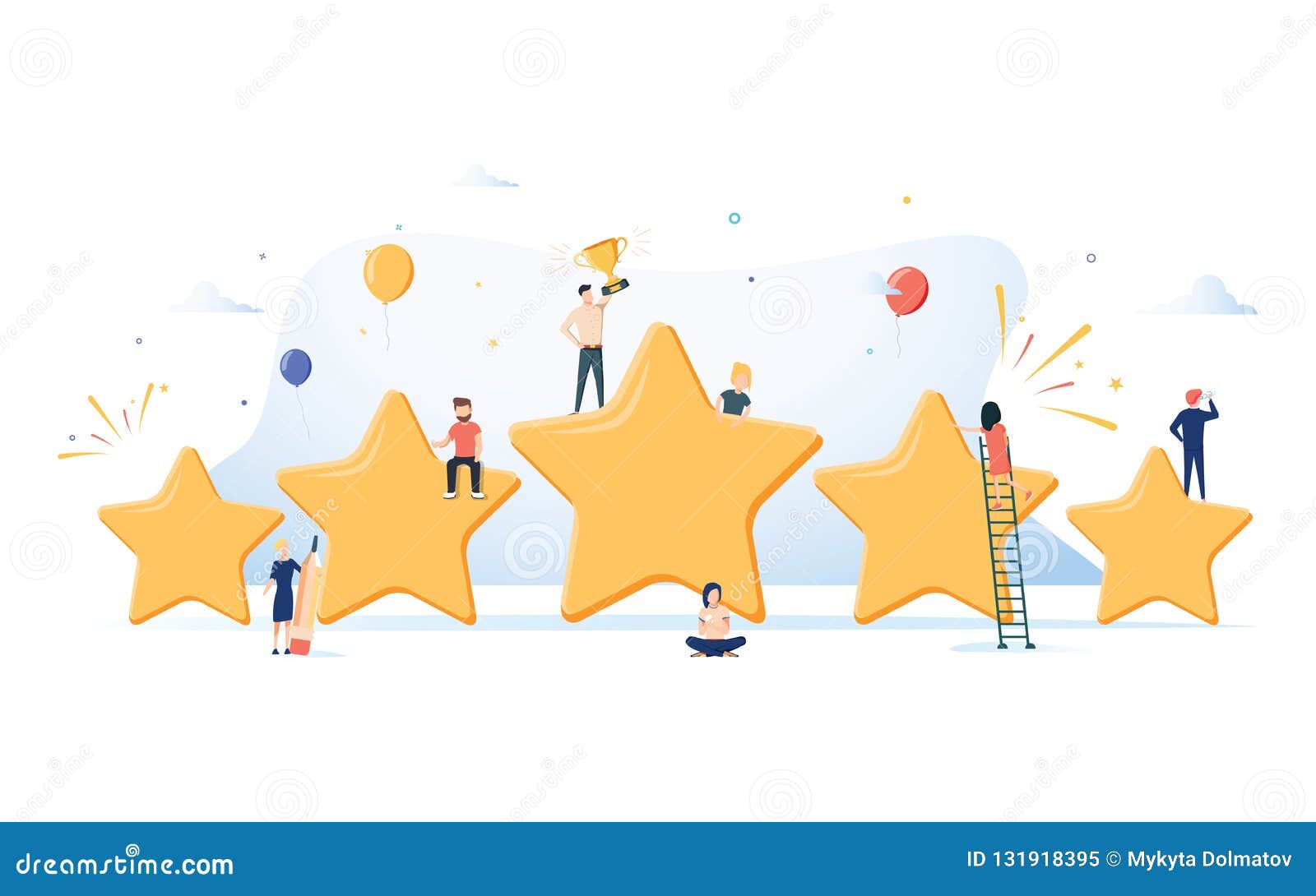 flat isometric  concept of five stars, best rating, customer feedback, positive review. winner award first place