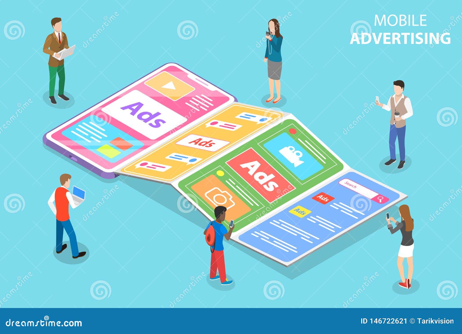 flat isometric  concept of mobile advertising, social media sponsored ads.