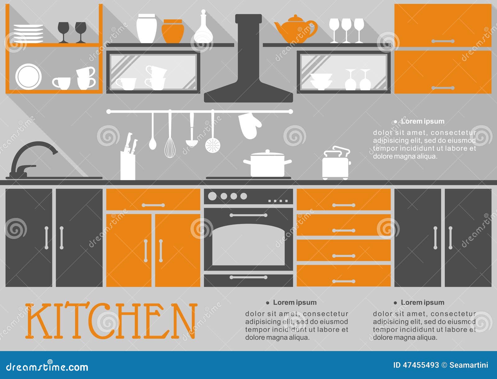 Flat kitchen interior design of a fitted kitchen with cabinets 