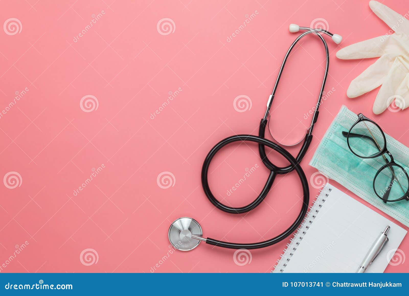 flat lay aerial of accessories healthcare & medical background concept.