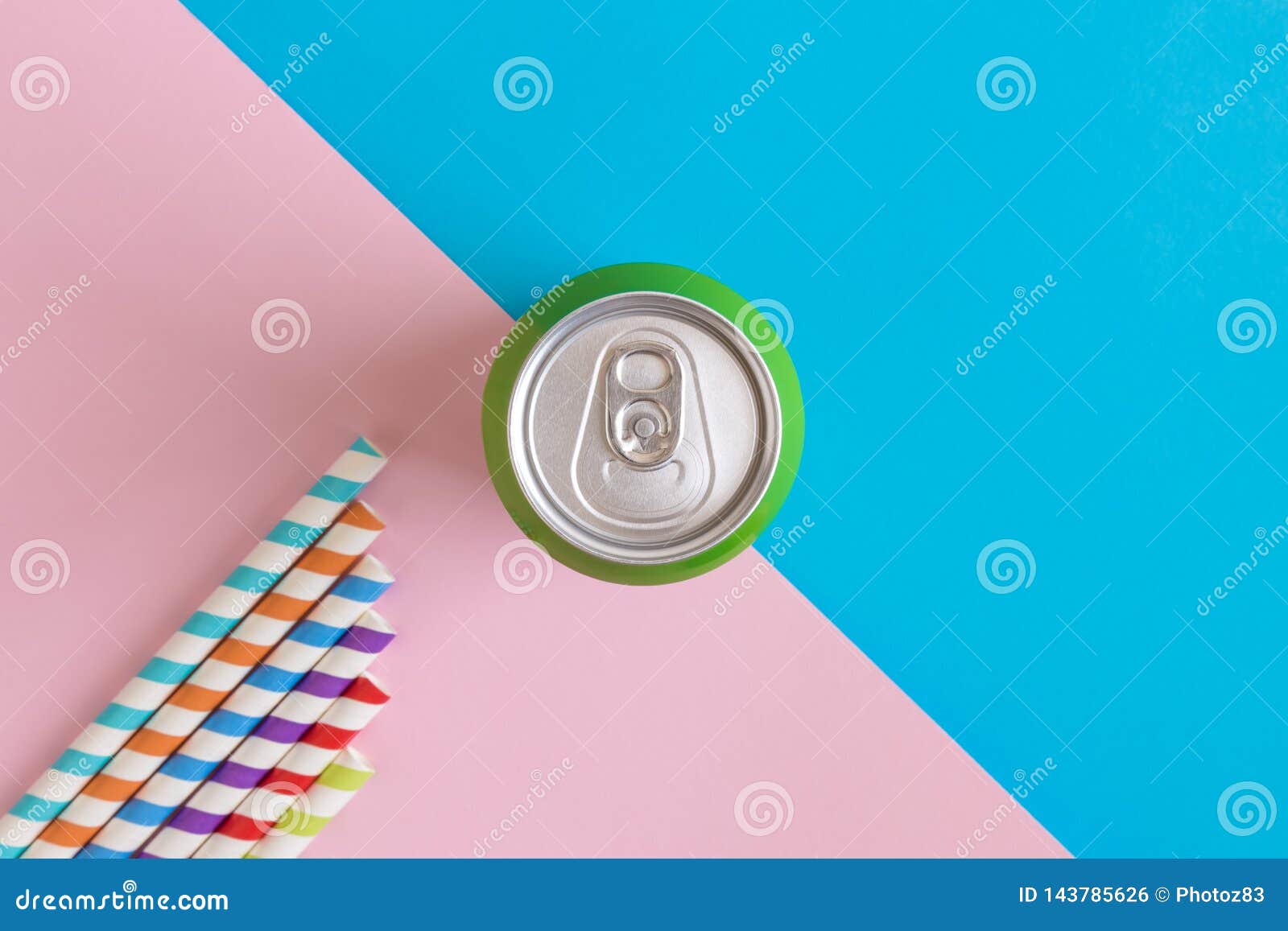 Flat Lay of Aluminum Can and Colorful Drinking Straws on Pastel