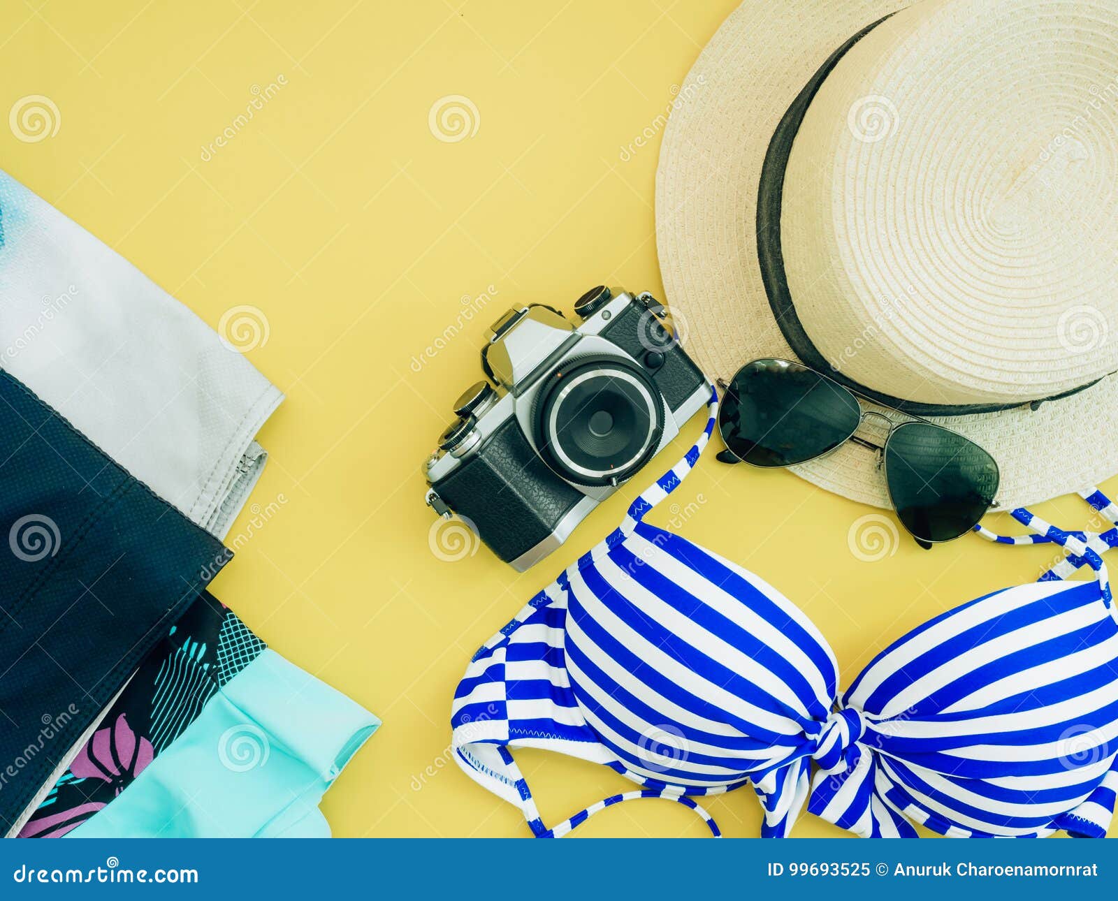Flat Lay for Blue Bikini Girl Summer Cloth and Accessories Concept with ...