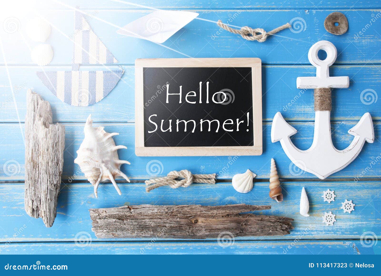 sunny nautic chalkboard and text hello summer