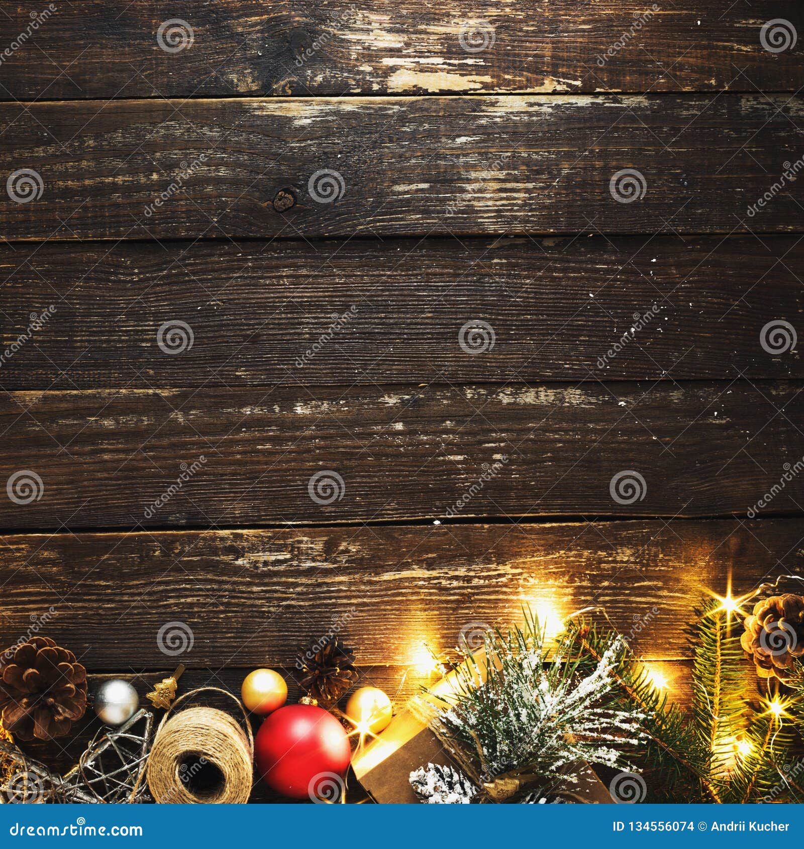 Flat Lay Christmas Background Decoration Lights Dark Wooden Background ...