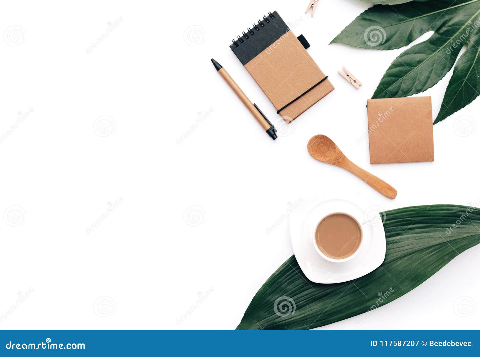 Flat Lay Coffee with Eco Craft Items and Green Leaf. Minimal