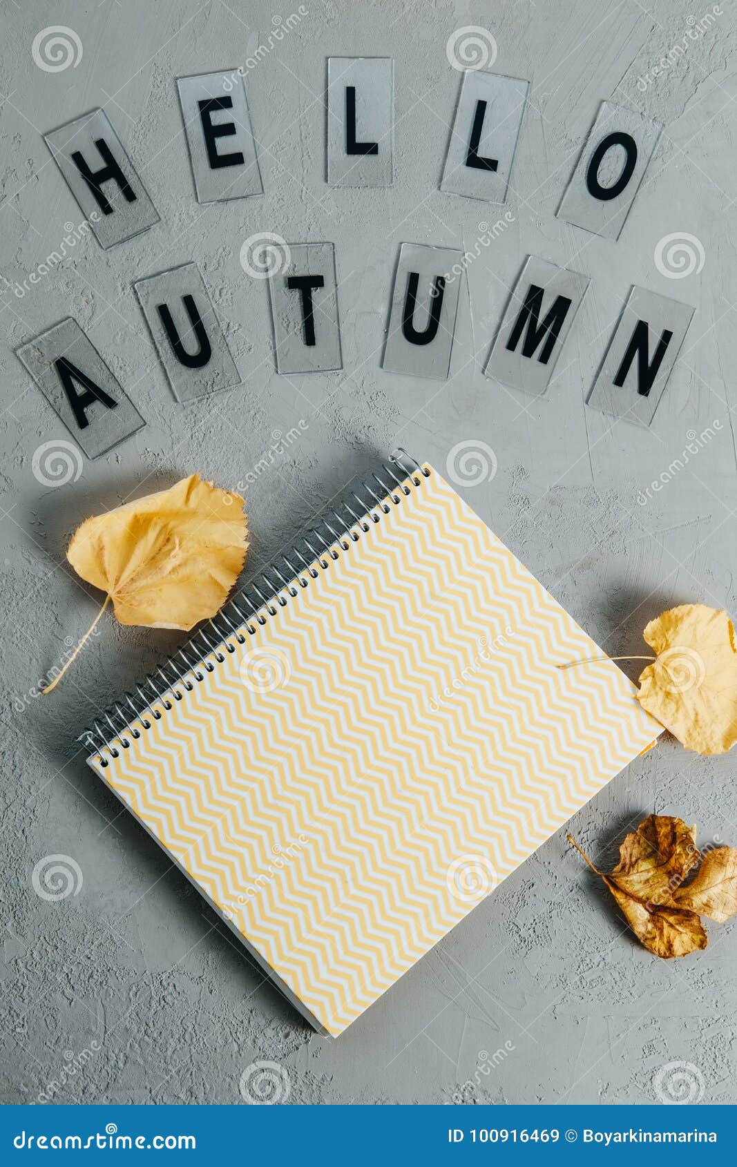 flat lay comosition: letters with the text hi autumn, notebook,
